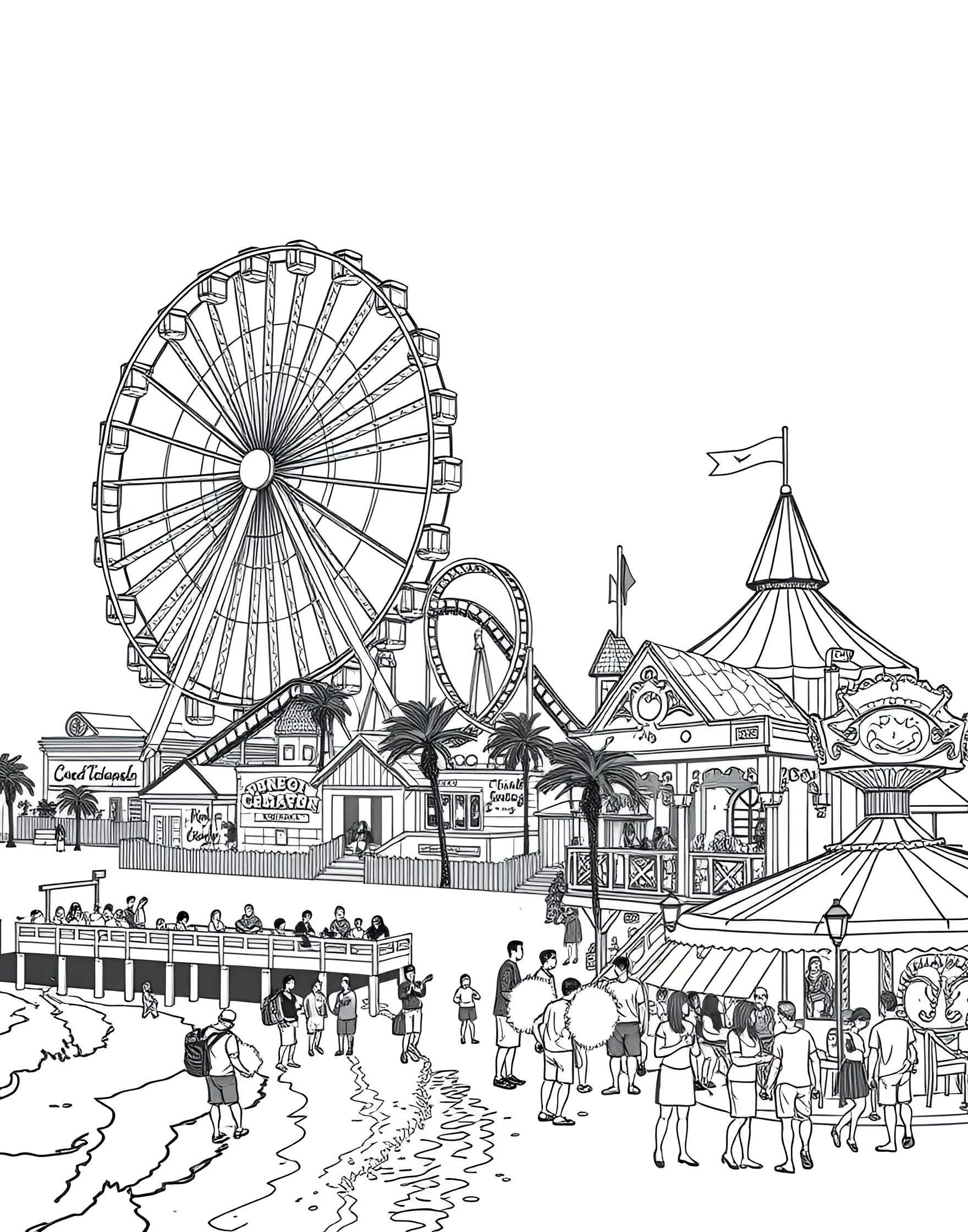 Seaside Amusement Park Coloring Page -- prompt: "A lively seaside amusement park with rides, games, and visitors enjoying the attractions by the beach." -- Experience the excitement of a beach boardwalk amusement park with this bustling scene. The page features a variety of rides, including a Ferris wheel, carousel, and roller coaster, all set against a backdrop of the sea. Happy visitors enjoy games, cotton candy, and the festive atmosphere.