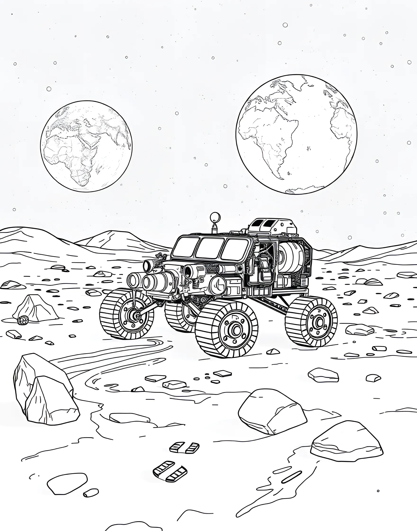 Lunar Rover on the Moon's Surface Coloring Page -- prompt: "A lunar rover exploring the moon's surface with craters and Earth visible in the sky." -- Explore the final frontier with this out-of-this-world coloring page featuring a lunar rover on the moon. The specialized vehicle is shown traversing the cratered lunar landscape, with Earth visible in the starry sky. It's an inspiring choice for young space enthusiasts and future astronauts.