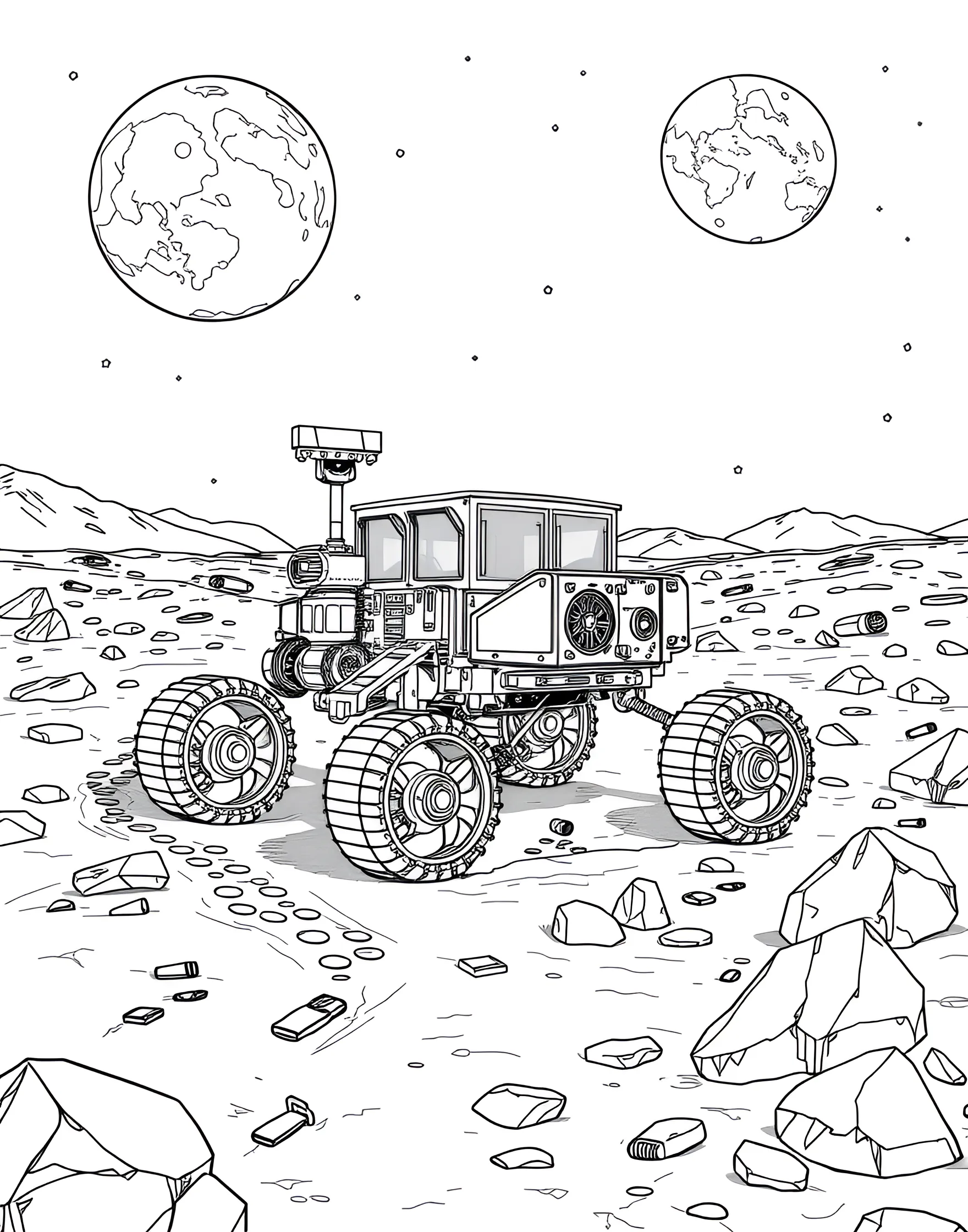 Lunar Rover on the Moon's Surface Coloring Page -- prompt: "A lunar rover exploring the moon's surface with craters and Earth visible in the sky." -- Explore the final frontier with this out-of-this-world coloring page featuring a lunar rover on the moon. The specialized vehicle is shown traversing the cratered lunar landscape, with Earth visible in the starry sky. It's an inspiring choice for young space enthusiasts and future astronauts.