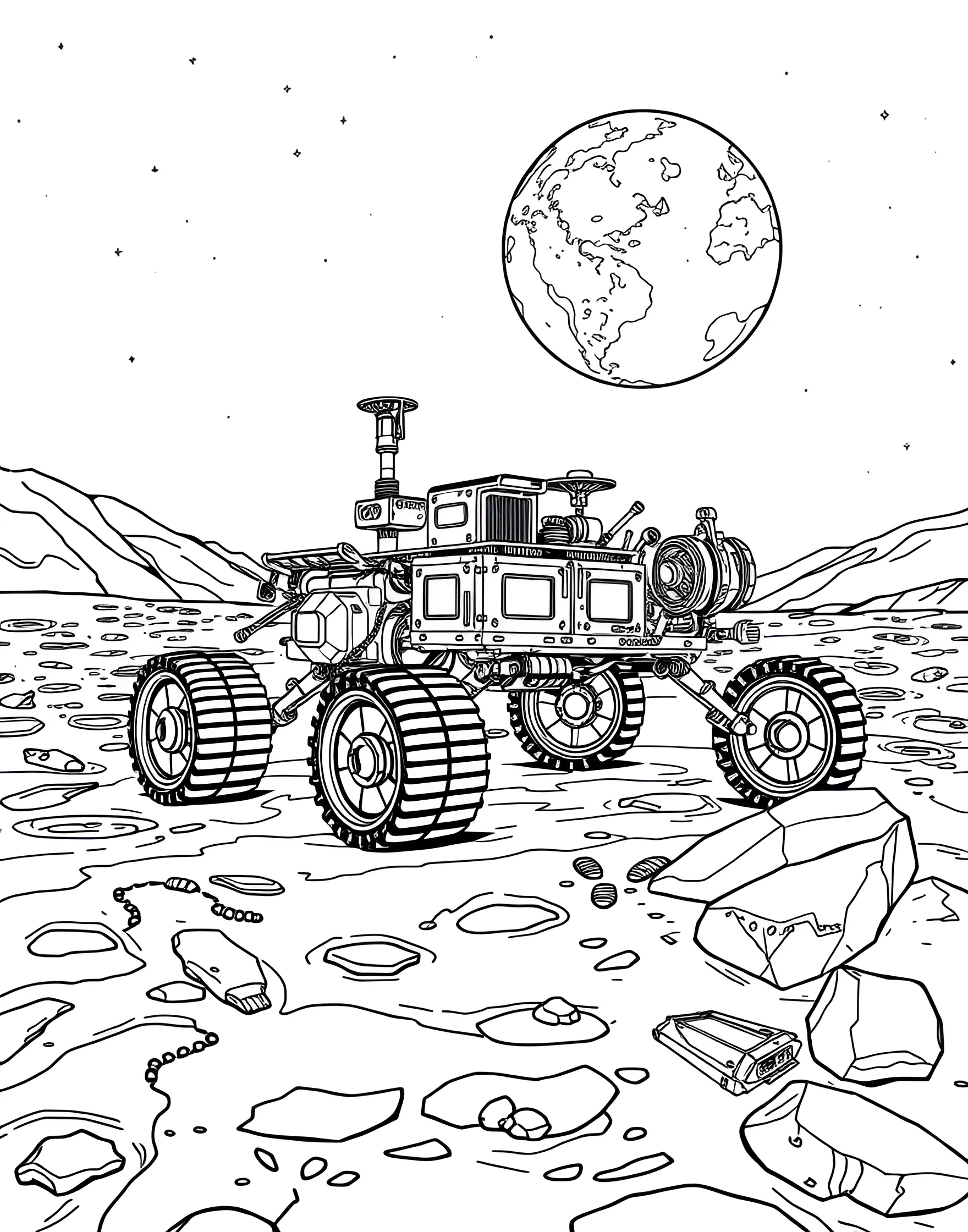 Lunar Rover on the Moon's Surface Coloring Page -- prompt: "A lunar rover exploring the moon's surface with craters and Earth visible in the sky." -- Explore the final frontier with this out-of-this-world coloring page featuring a lunar rover on the moon. The specialized vehicle is shown traversing the cratered lunar landscape, with Earth visible in the starry sky. It's an inspiring choice for young space enthusiasts and future astronauts.