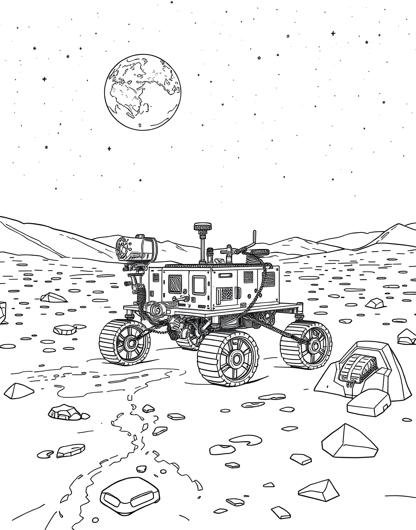 Lunar Rover on the Moon's Surface Coloring Page -- prompt: "A lunar rover exploring the moon's surface with craters and Earth visible in the sky." -- Explore the final frontier with this out-of-this-world coloring page featuring a lunar rover on the moon. The specialized vehicle is shown traversing the cratered lunar landscape, with Earth visible in the starry sky. It's an inspiring choice for young space enthusiasts and future astronauts.