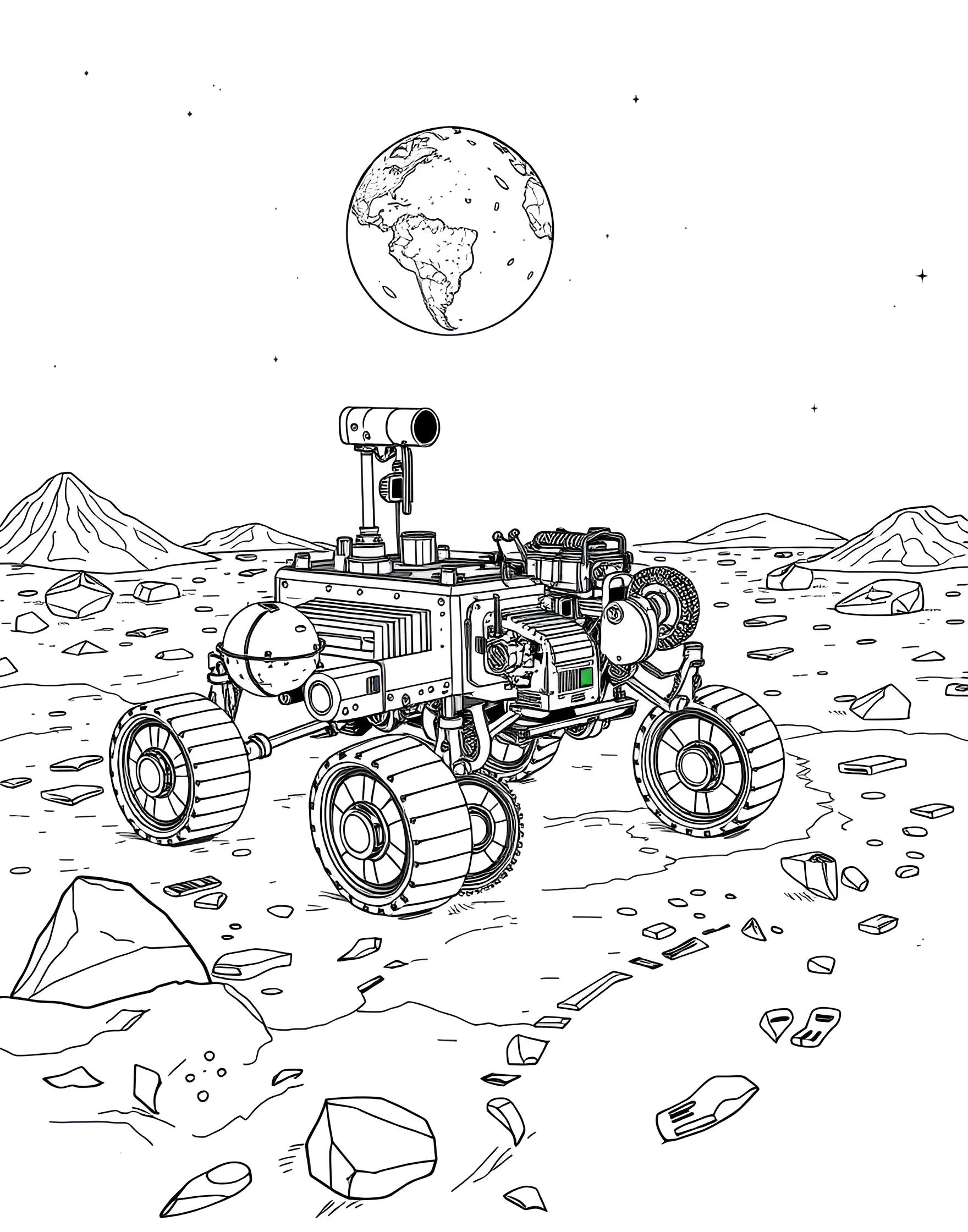 Lunar Rover on the Moon's Surface Coloring Page -- prompt: "A lunar rover exploring the moon's surface with craters and Earth visible in the sky." -- Explore the final frontier with this out-of-this-world coloring page featuring a lunar rover on the moon. The specialized vehicle is shown traversing the cratered lunar landscape, with Earth visible in the starry sky. It's an inspiring choice for young space enthusiasts and future astronauts.