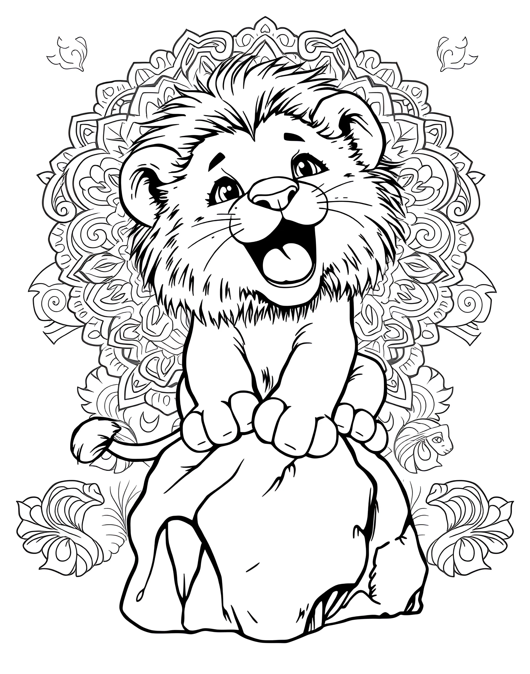 Lion Cub Learning to Roar Coloring Page -- prompt: "A lion cub sitting on a small rock, mouth open wide in an attempt to roar for the first time." -- This adorable coloring page features a young lion cub attempting its first roar. With its mouth wide open and a determined expression, the cub sits on a small rock, practicing to be as mighty as its parents. It's a charming choice for those who love cute and comical animal scenes.