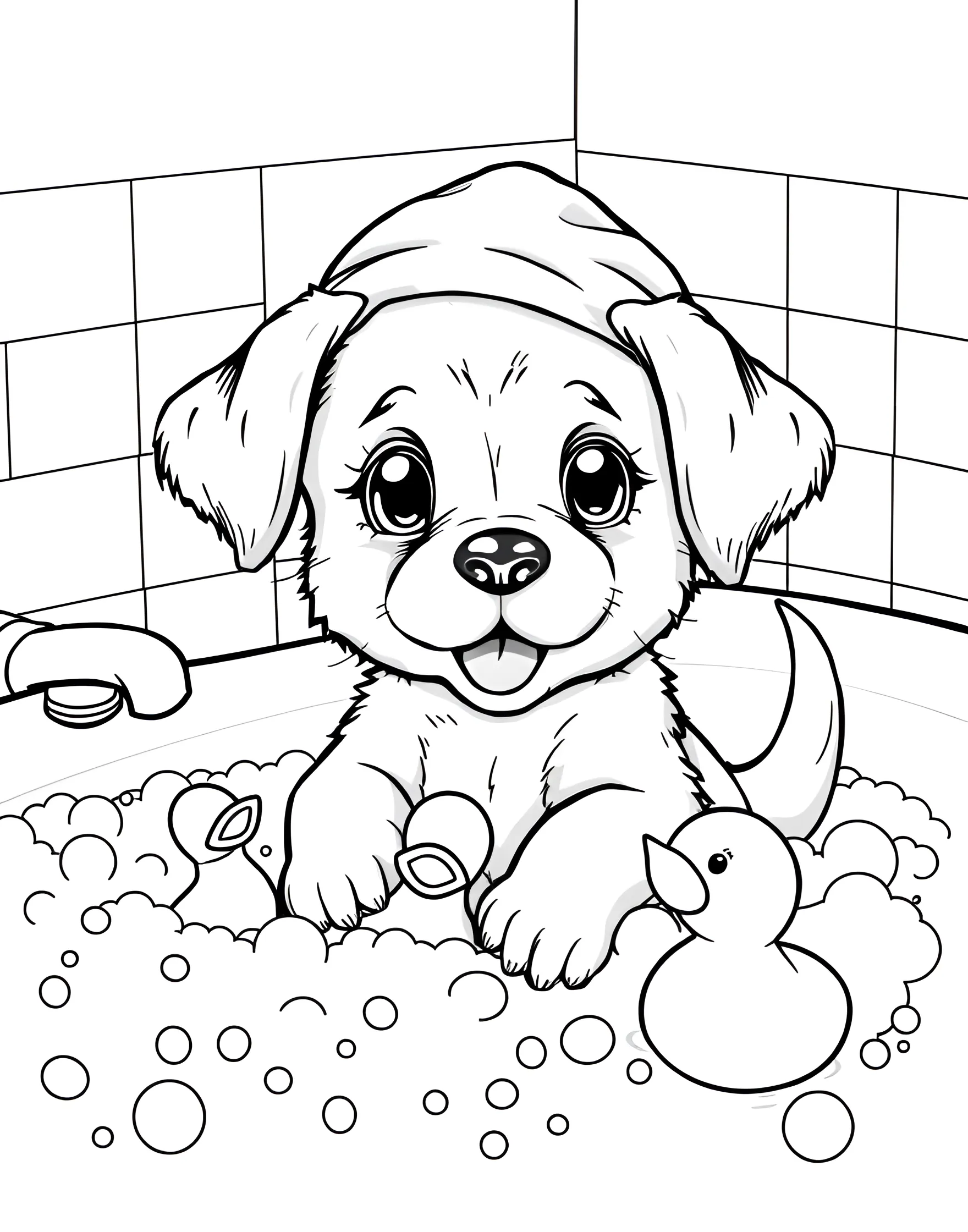 Puppy's Bubble Bath Bonanza Coloring Page -- prompt: "A puppy in a bathtub overflowing with bubbles, wearing a shower cap and playing with a rubber duck." -- This playful coloring page features a puppy having a blast in a bubble-filled bathtub. The pup is surrounded by mountains of bubbles, playing with a rubber ducky and wearing a shower cap. It's a fun and slightly silly scene that's sure to bring smiles.