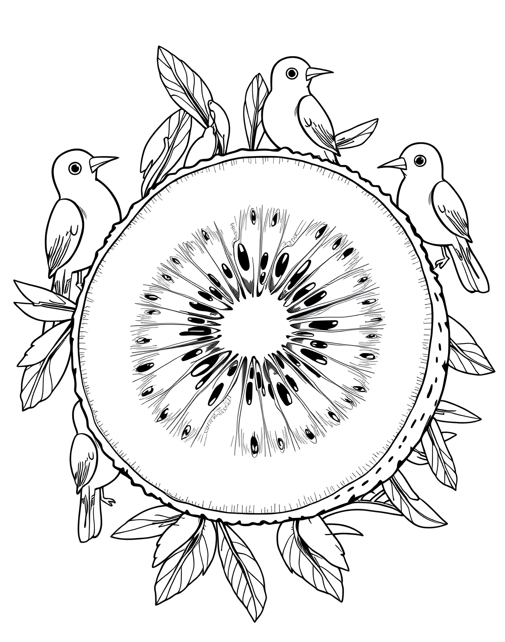 Kiwi Cuteness Overload Coloring Page -- prompt: "A halved kiwi fruit surrounded by cartoon kiwi birds." -- Discover the charm of kiwi fruit with this adorable coloring page. The star of the show is a halved kiwi, revealing its distinctive seed-studded interior and fuzzy brown exterior. Surrounding the kiwi are playful kiwi bird characters, creating a fun play on words.