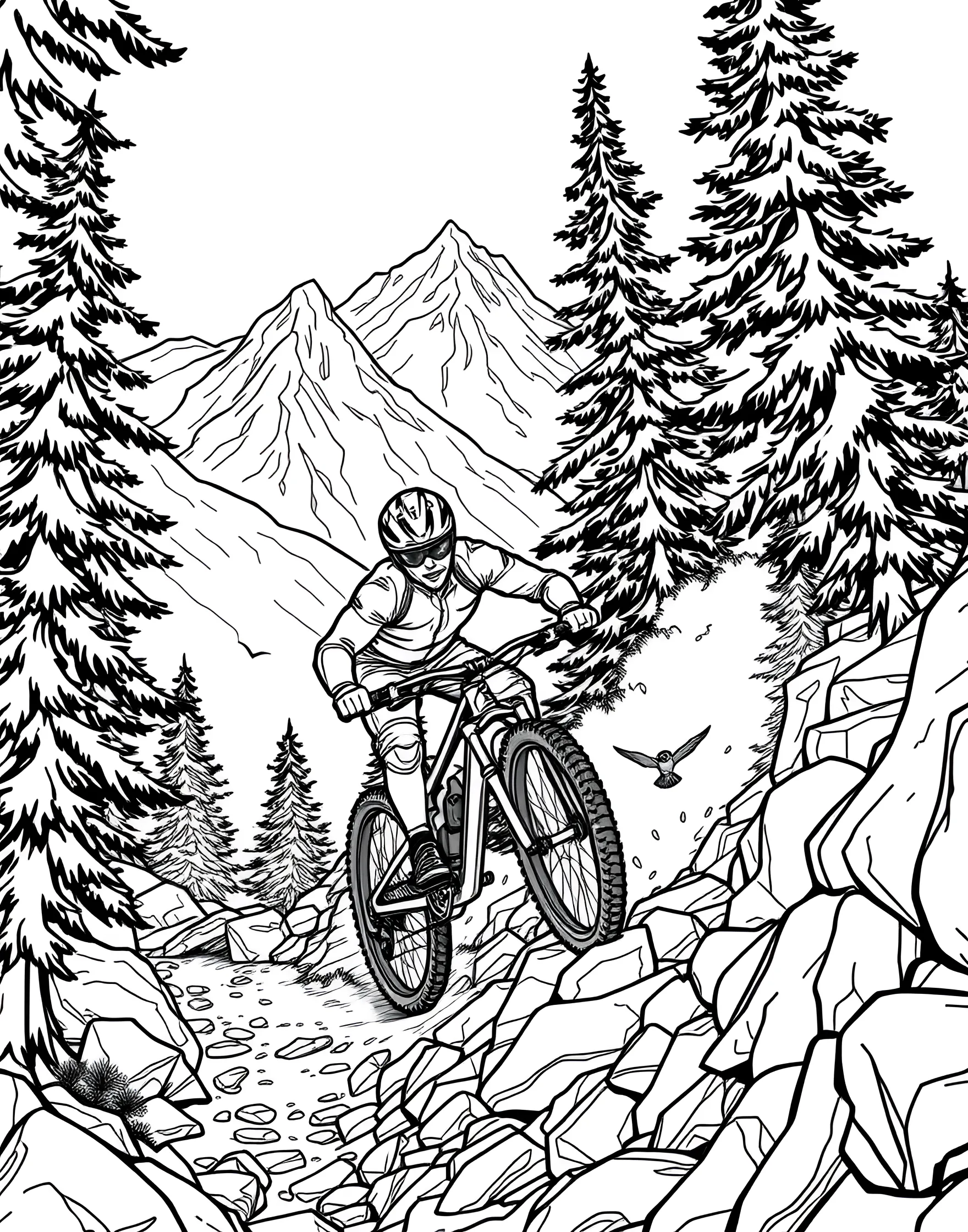 Extreme Mountain Biking Coloring Page -- prompt: "A mountain biker racing down a steep, rocky trail with a forest backdrop." -- Get ready for an adrenaline rush with this extreme mountain biking coloring page. A daring cyclist navigates a treacherous downhill trail, showcasing skill and bravery. Boys who love outdoor adventures and extreme sports will be excited to color this thrilling scene.