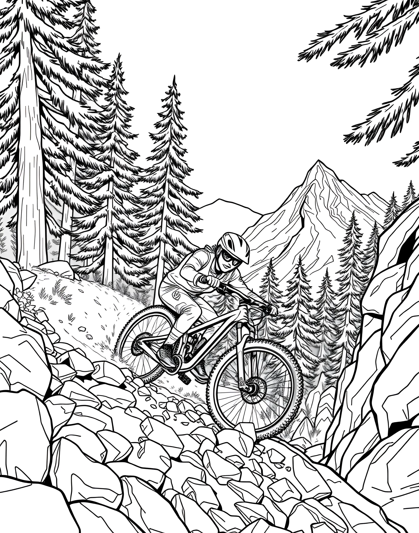 Extreme Mountain Biking Coloring Page -- prompt: "A mountain biker racing down a steep, rocky trail with a forest backdrop." -- Get ready for an adrenaline rush with this extreme mountain biking coloring page. A daring cyclist navigates a treacherous downhill trail, showcasing skill and bravery. Boys who love outdoor adventures and extreme sports will be excited to color this thrilling scene.