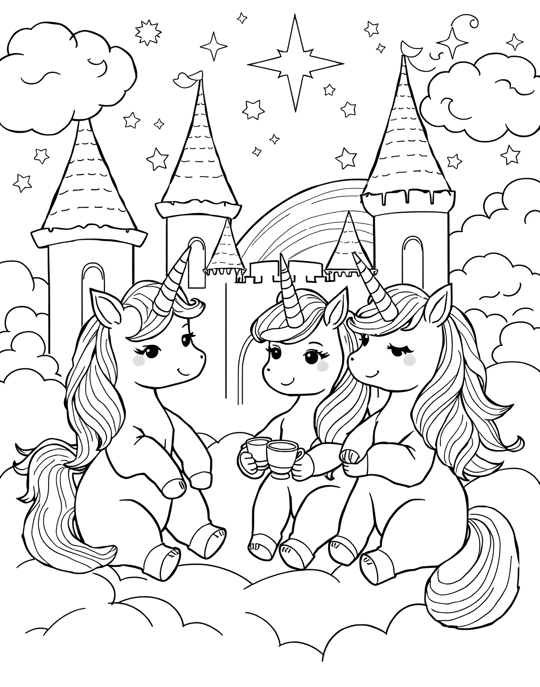 Unicorn's Cloud Castle Sleepover Coloring Page -- prompt: "Cute unicorns having a sleepover party in a castle made of clouds with rainbow slides." -- Float away to dreamland with this magical coloring page showcasing unicorns having a sleepover in a cloud castle. The scene shows unicorns in pajamas, having pillow fights with cotton candy pillows, and sliding down rainbow slides. It's a whimsical and cute depiction of a magical night of fun.