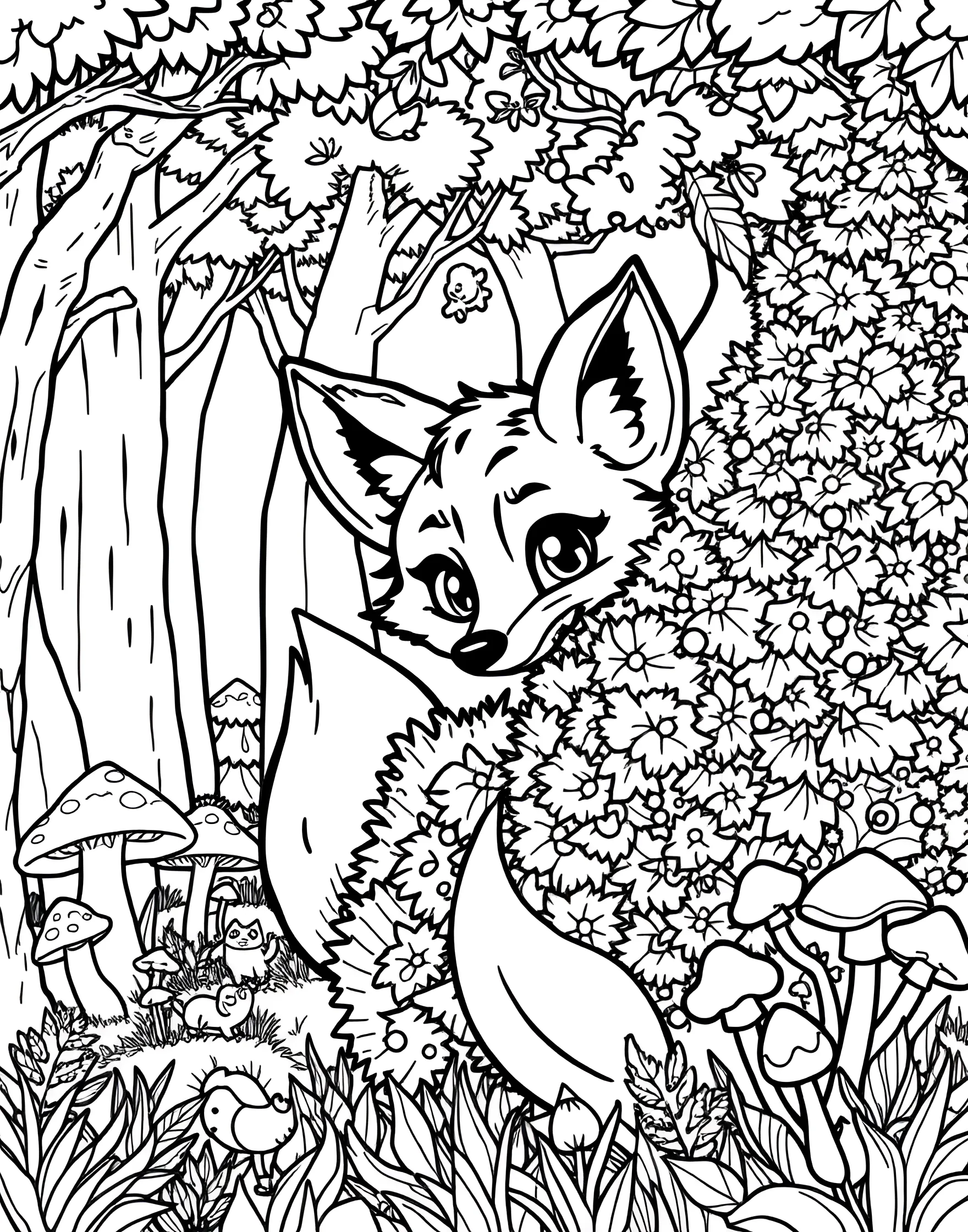 Curious Fox Peeking from Behind a Bush Coloring Page -- prompt: "A cartoon fox with a bushy tail peeking out from behind a bush in a forest setting with trees and mushrooms." -- This intriguing coloring page showcases a sly fox peering out from behind a leafy bush. The fox's bright eyes and pointed ears convey its keen intelligence and curiosity. Nature lovers will enjoy bringing this woodland scene to life with rich autumn colors.