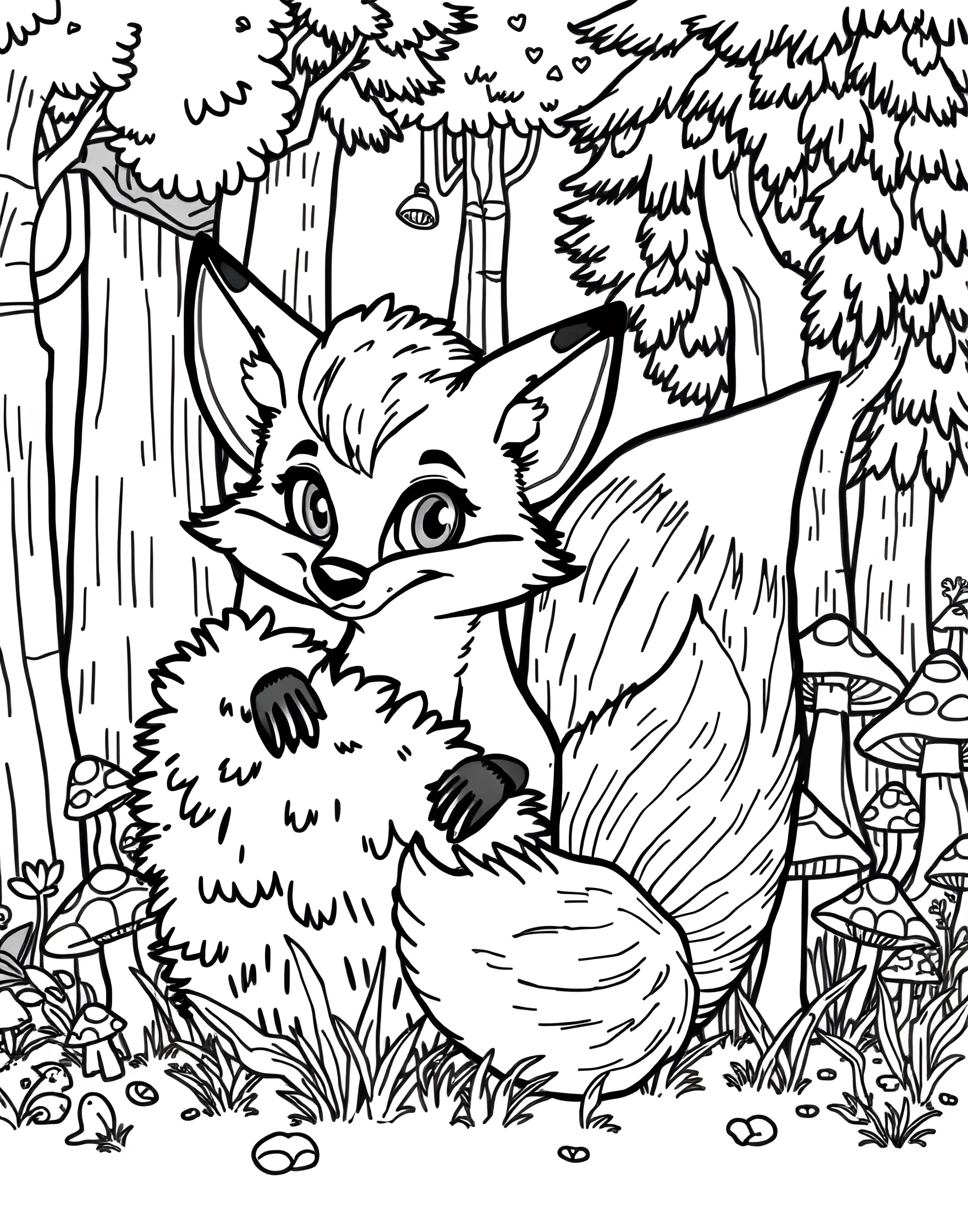 Curious Fox Peeking from Behind a Bush Coloring Page -- prompt: "A cartoon fox with a bushy tail peeking out from behind a bush in a forest setting with trees and mushrooms." -- This intriguing coloring page showcases a sly fox peering out from behind a leafy bush. The fox's bright eyes and pointed ears convey its keen intelligence and curiosity. Nature lovers will enjoy bringing this woodland scene to life with rich autumn colors.