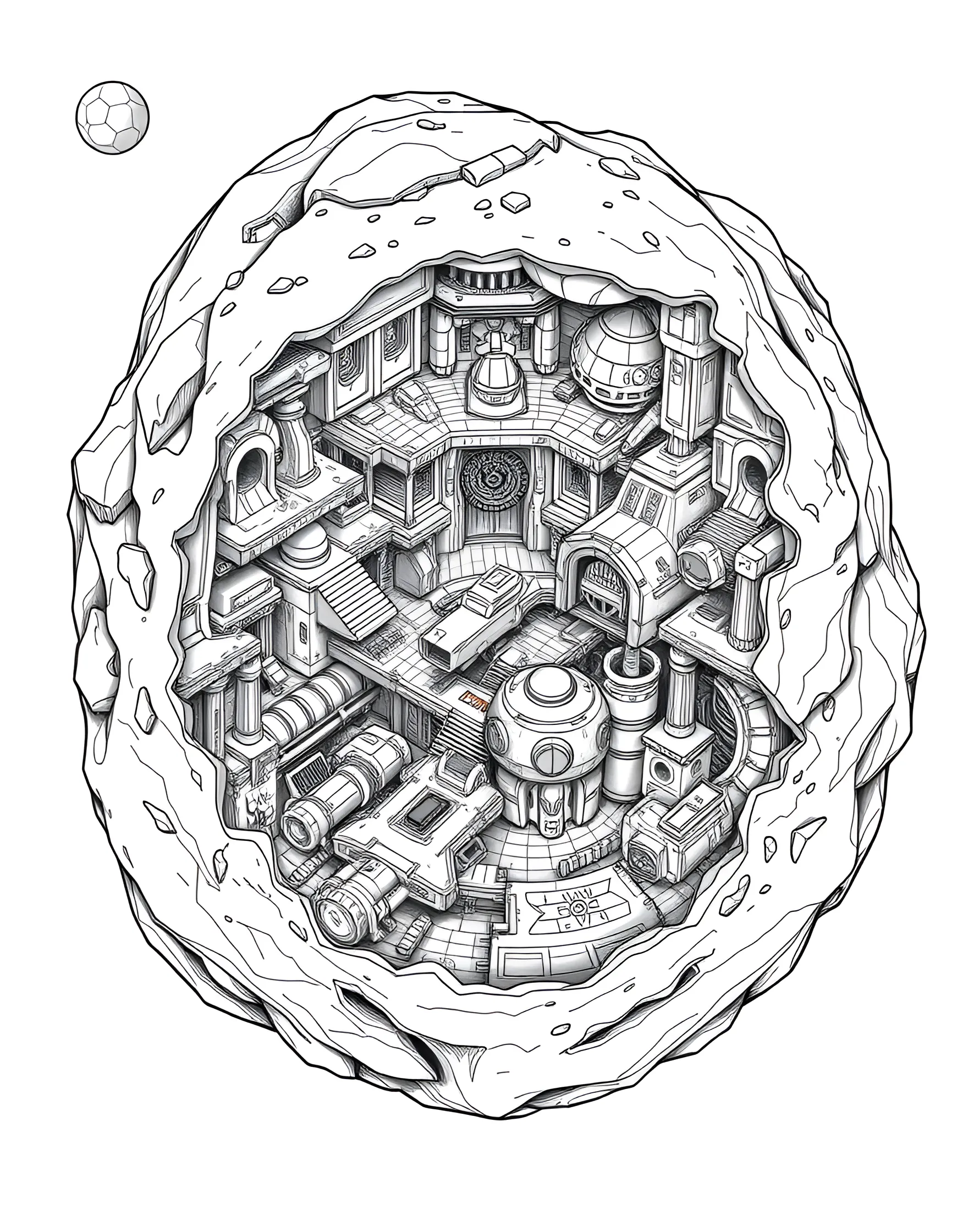 Space Pirate's Hidden Base Coloring Page -- prompt: "A secret space pirate base hidden inside an asteroid, filled with stolen spacecraft and treasure." -- Embark on a swashbuckling space adventure with this space pirate's hidden base coloring page. The secret asteroid base is filled with stolen spacecraft, treasure hoards, and pirate crew members. Hidden entrances and defense systems add an element of intrigue to this cosmic hideout.