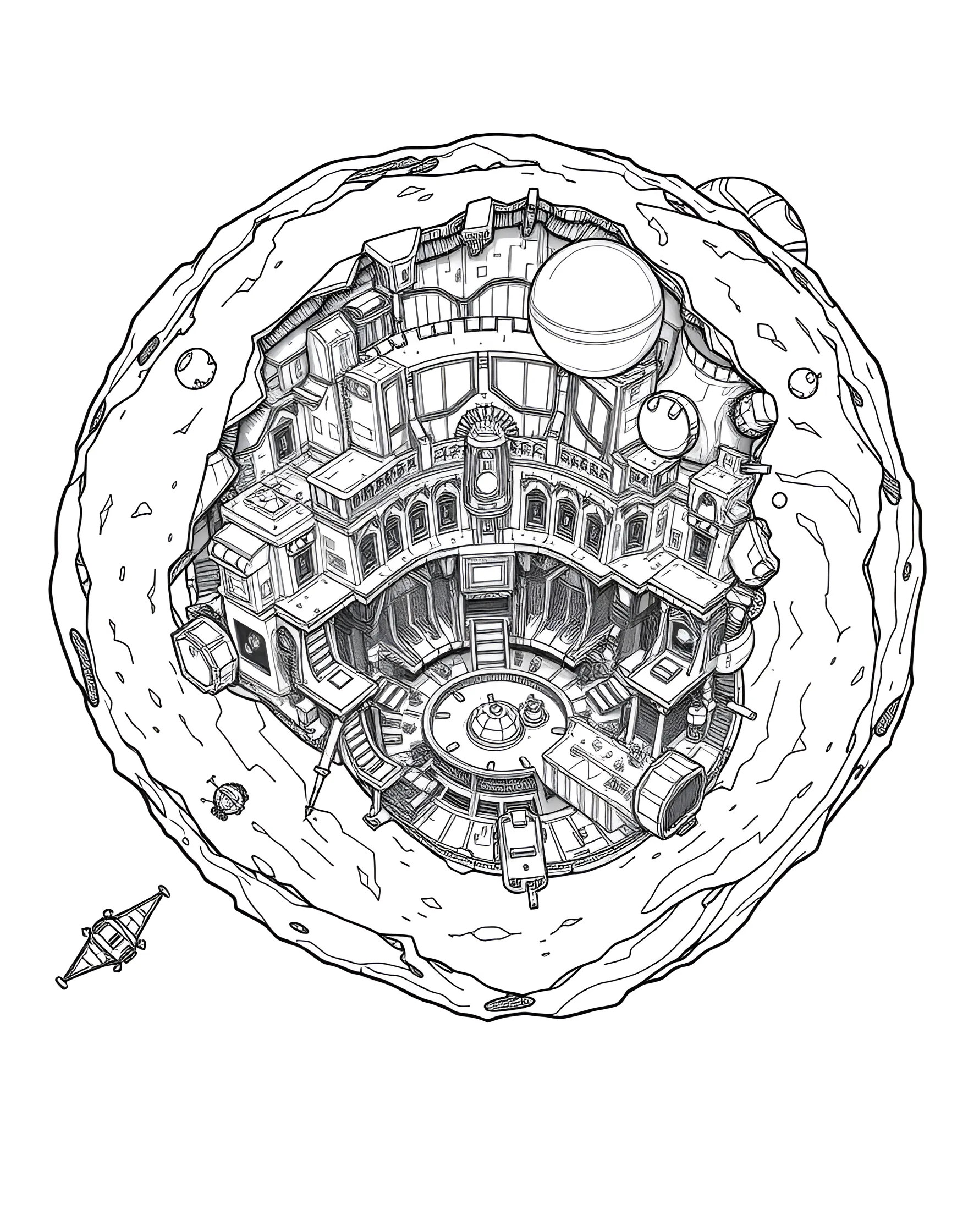 Space Pirate's Hidden Base Coloring Page -- prompt: "A secret space pirate base hidden inside an asteroid, filled with stolen spacecraft and treasure." -- Embark on a swashbuckling space adventure with this space pirate's hidden base coloring page. The secret asteroid base is filled with stolen spacecraft, treasure hoards, and pirate crew members. Hidden entrances and defense systems add an element of intrigue to this cosmic hideout.