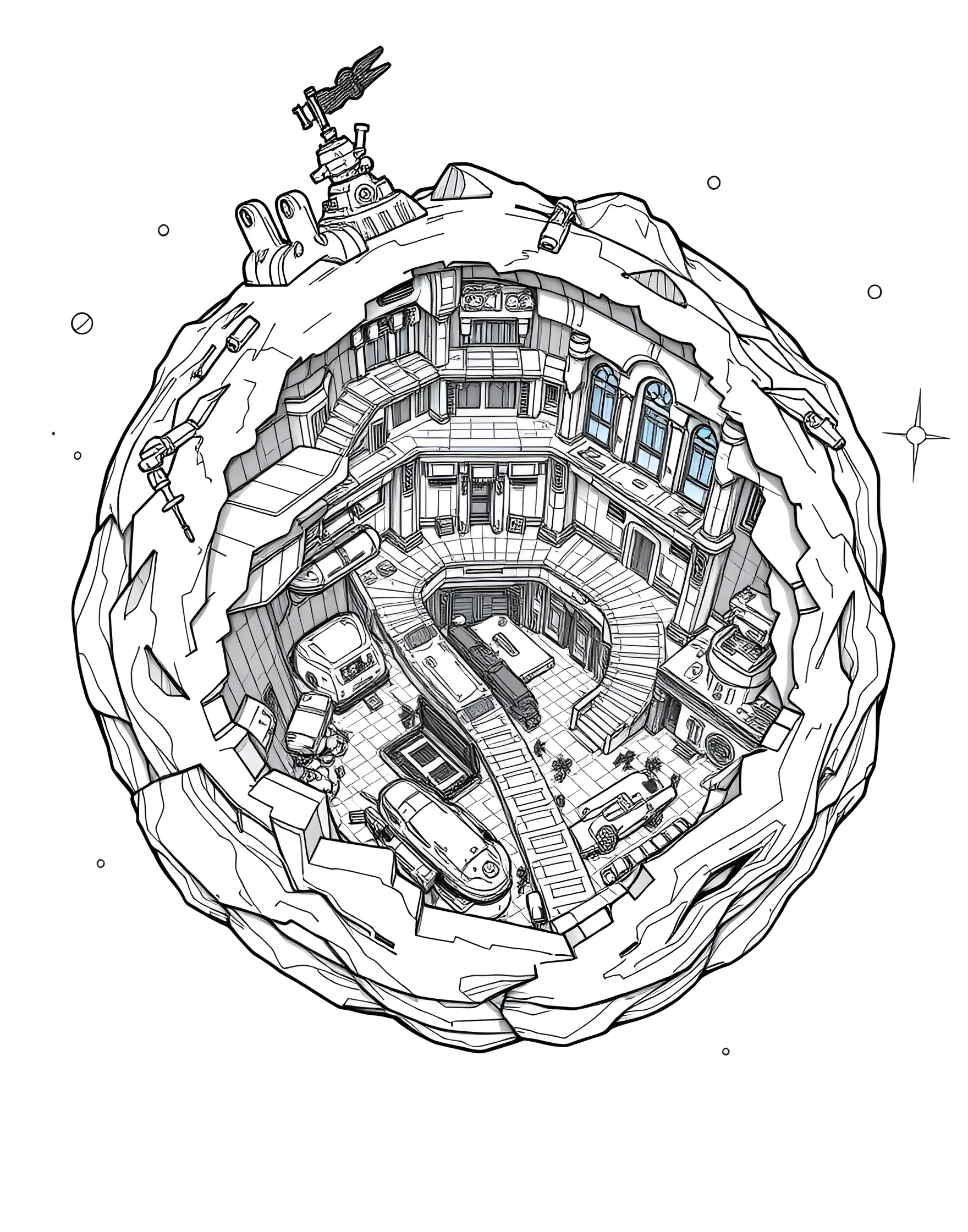 Space Pirate's Hidden Base Coloring Page -- prompt: "A secret space pirate base hidden inside an asteroid, filled with stolen spacecraft and treasure." -- Embark on a swashbuckling space adventure with this space pirate's hidden base coloring page. The secret asteroid base is filled with stolen spacecraft, treasure hoards, and pirate crew members. Hidden entrances and defense systems add an element of intrigue to this cosmic hideout.