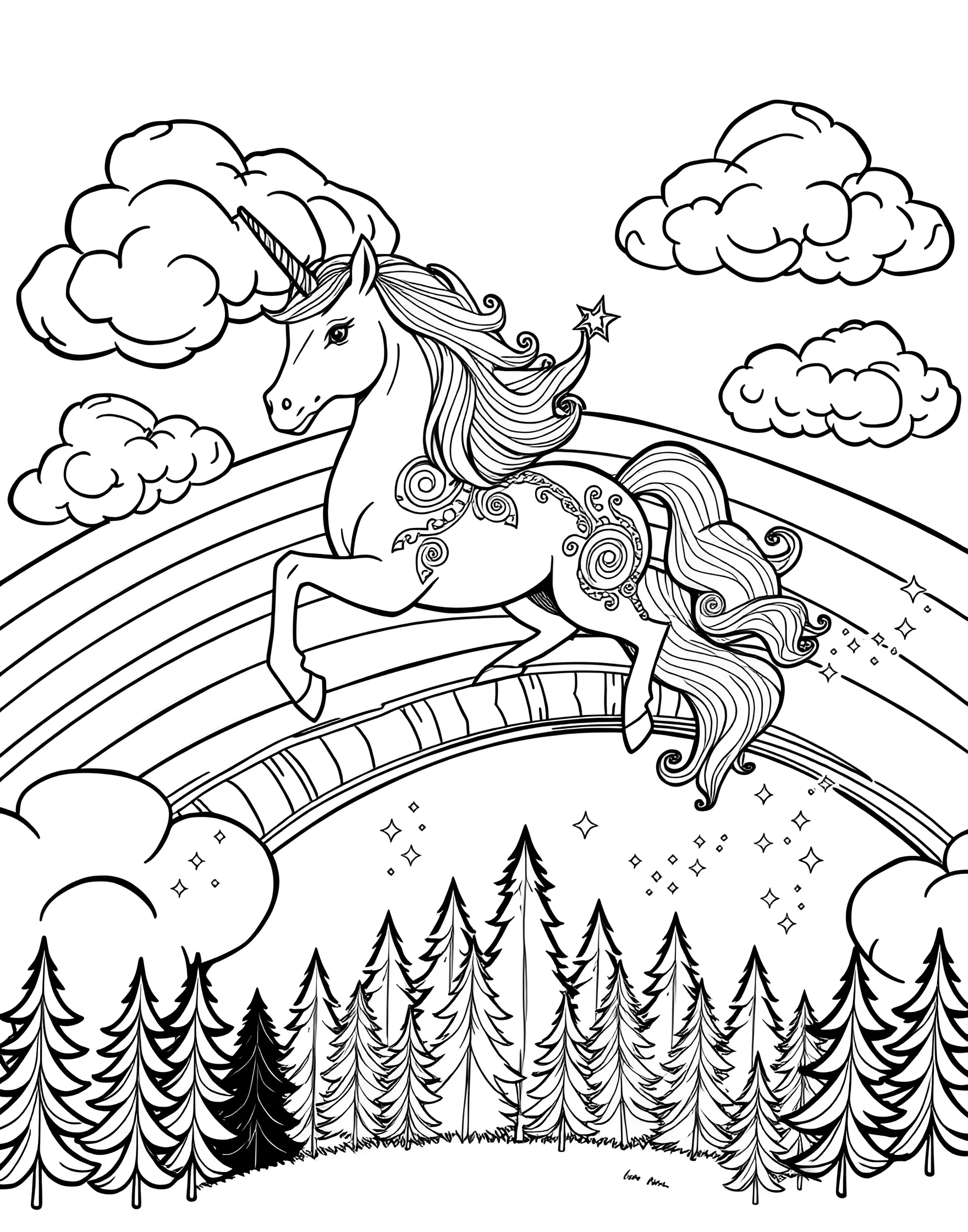 Unicorn and Rainbow Slide Coloring Page -- prompt: "A unicorn sliding down a rainbow, with clouds on either end of the rainbow." -- Dive into a world of whimsy with this playful coloring page featuring a unicorn sliding down a rainbow. The unicorn's expression is full of joy as it glides down the colorful arc. This page is perfect for those who love to imagine fantastical scenarios and bright, cheerful scenes.