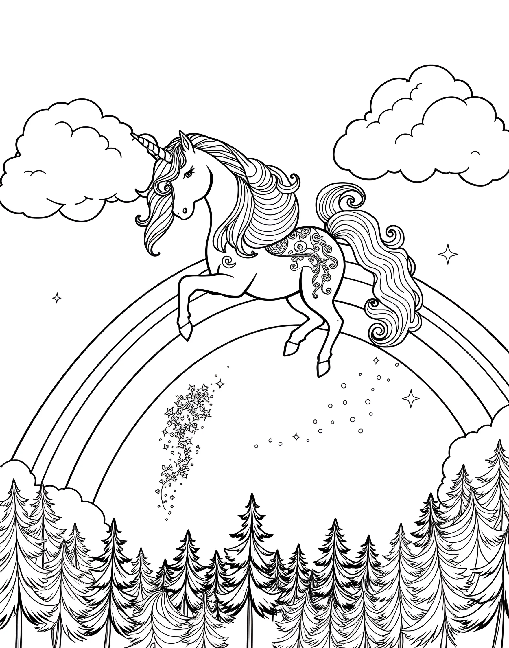 Unicorn and Rainbow Slide Coloring Page -- prompt: "A unicorn sliding down a rainbow, with clouds on either end of the rainbow." -- Dive into a world of whimsy with this playful coloring page featuring a unicorn sliding down a rainbow. The unicorn's expression is full of joy as it glides down the colorful arc. This page is perfect for those who love to imagine fantastical scenarios and bright, cheerful scenes.