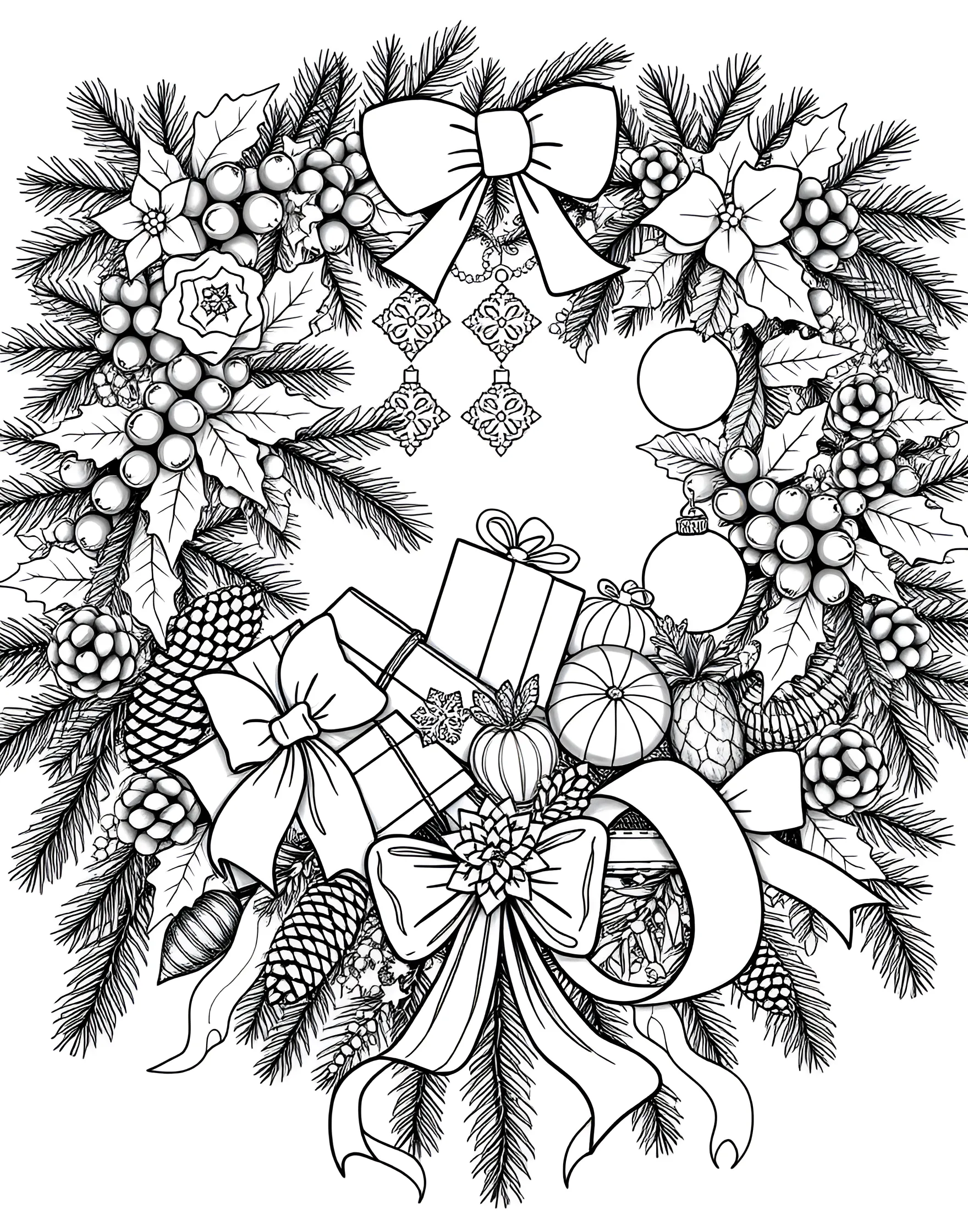 Festive Wreath Creation Coloring Page -- prompt: "A Christmas wreath with pine branches, berries, pinecones, and ribbons ready for coloring." -- Design your own holiday wreath with this interactive coloring page. A circular wreath base is adorned with pine branches, berries, pinecones, and ribbons. Add your personal touch by coloring and 'decorating' the wreath.