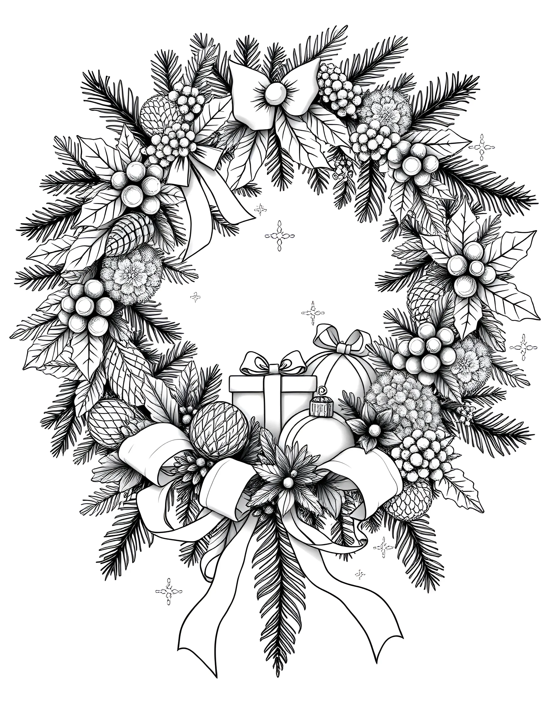 Festive Wreath Creation Coloring Page -- prompt: "A Christmas wreath with pine branches, berries, pinecones, and ribbons ready for coloring." -- Design your own holiday wreath with this interactive coloring page. A circular wreath base is adorned with pine branches, berries, pinecones, and ribbons. Add your personal touch by coloring and 'decorating' the wreath.