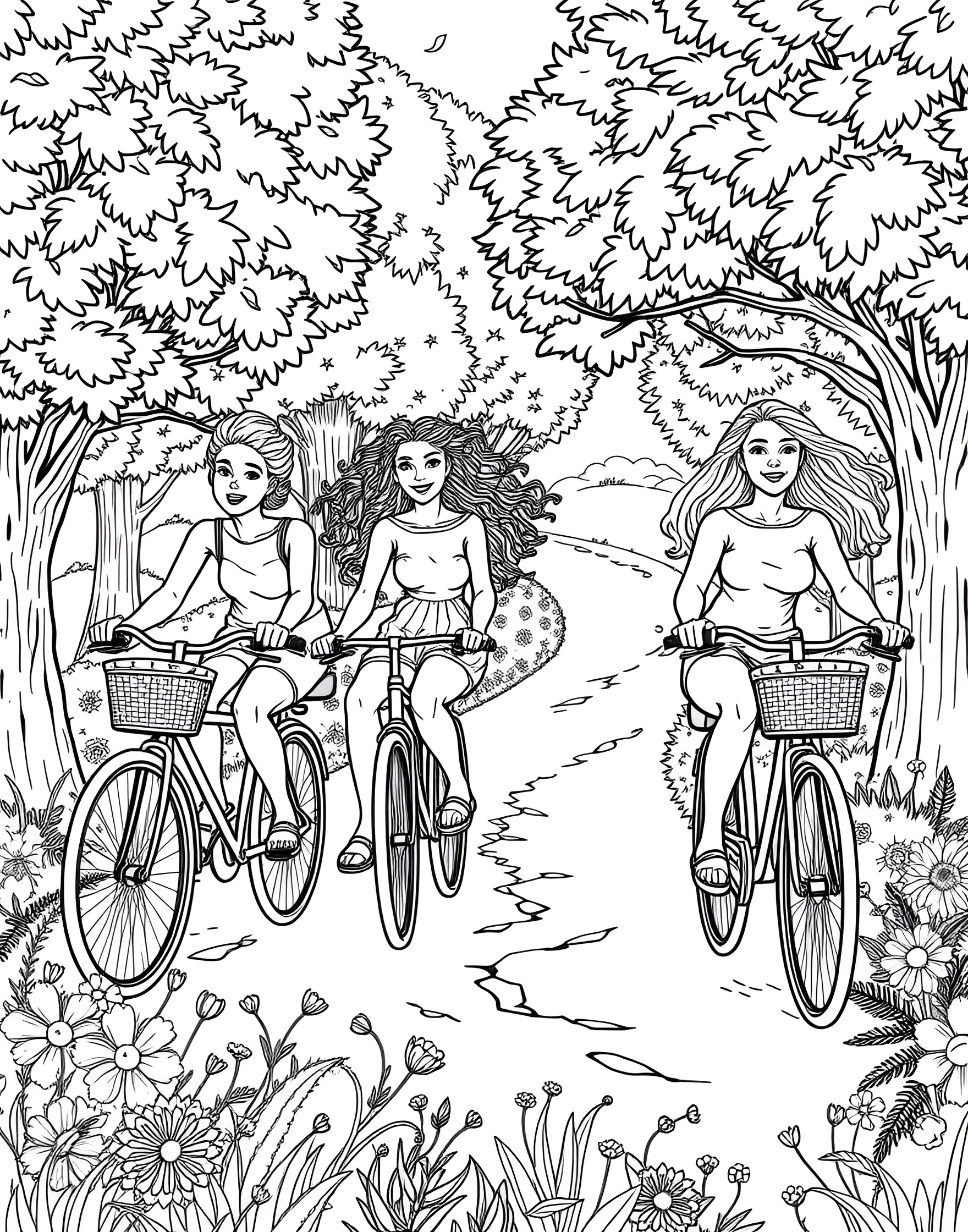 Summery Bike Ride Adventure Coloring Page -- prompt: "Friends enjoying a bike ride on a scenic path surrounded by flowers and trees." -- Pedal into summer fun with this cheerful biking scene. A group of friends cycle along a scenic path, passing through fields of flowers and leafy trees. This page captures the freedom and joy of summer bike rides.