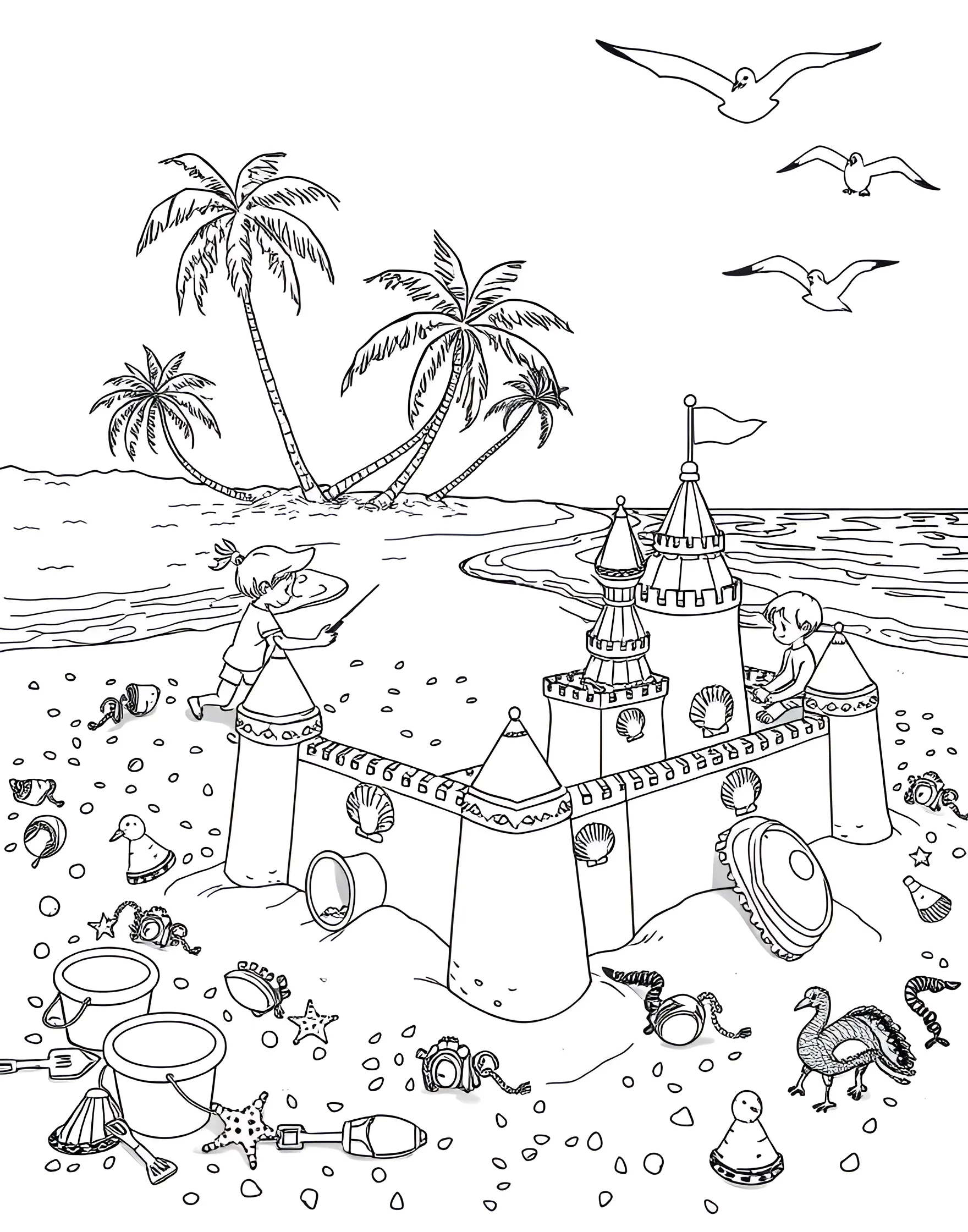 Sandcastle Building Bonanza Coloring Page -- prompt: "Children building intricate sandcastles on a beach with buckets, shovels, and seashells." -- Get creative with this beach-day favorite activity. This coloring page shows children constructing elaborate sandcastles on the shore, complete with moats, towers, and seashell decorations. It's a celebration of imagination and summer beach fun.