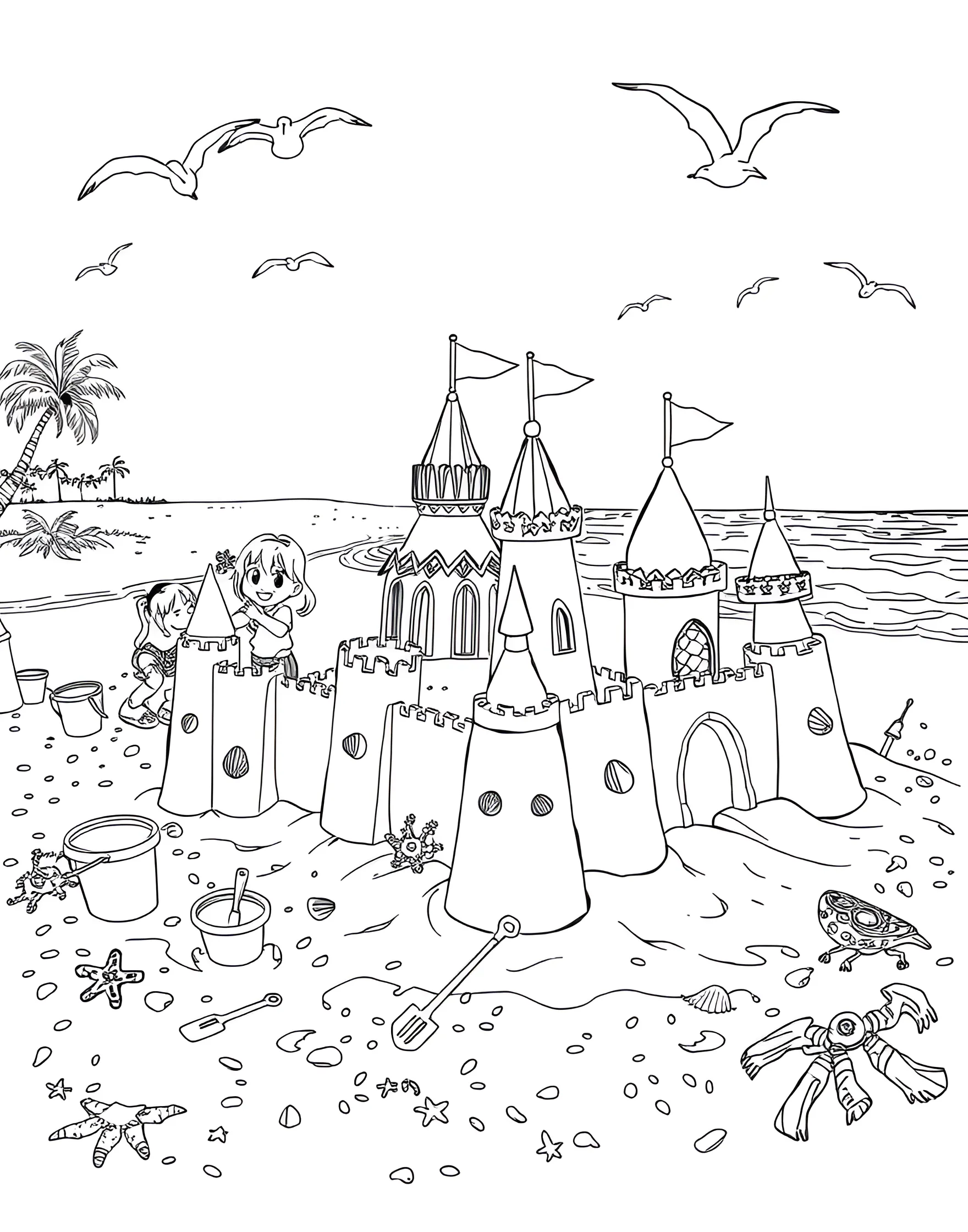 Sandcastle Building Bonanza Coloring Page -- prompt: "Children building intricate sandcastles on a beach with buckets, shovels, and seashells." -- Get creative with this beach-day favorite activity. This coloring page shows children constructing elaborate sandcastles on the shore, complete with moats, towers, and seashell decorations. It's a celebration of imagination and summer beach fun.