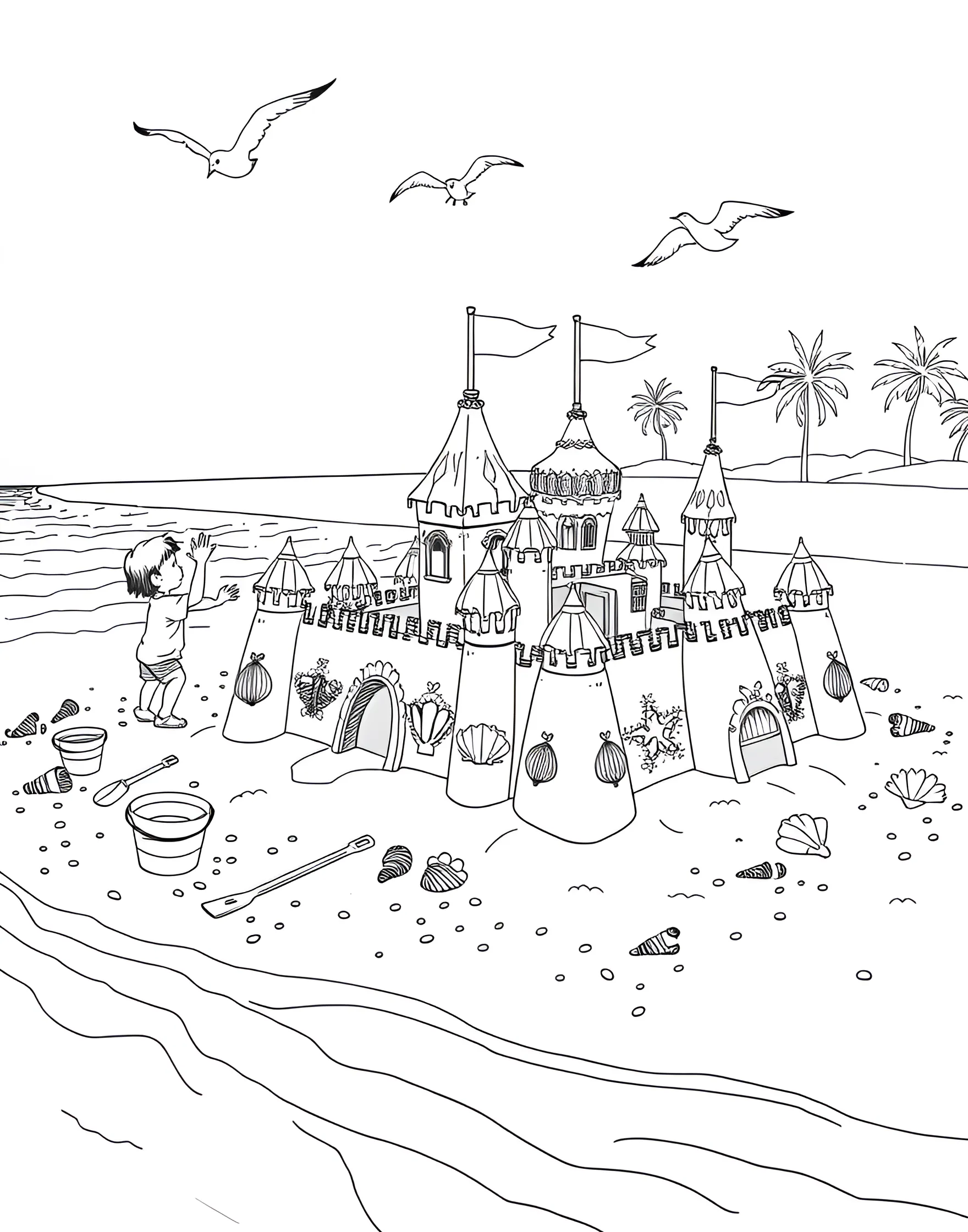 Sandcastle Building Bonanza Coloring Page -- prompt: "Children building intricate sandcastles on a beach with buckets, shovels, and seashells." -- Get creative with this beach-day favorite activity. This coloring page shows children constructing elaborate sandcastles on the shore, complete with moats, towers, and seashell decorations. It's a celebration of imagination and summer beach fun.