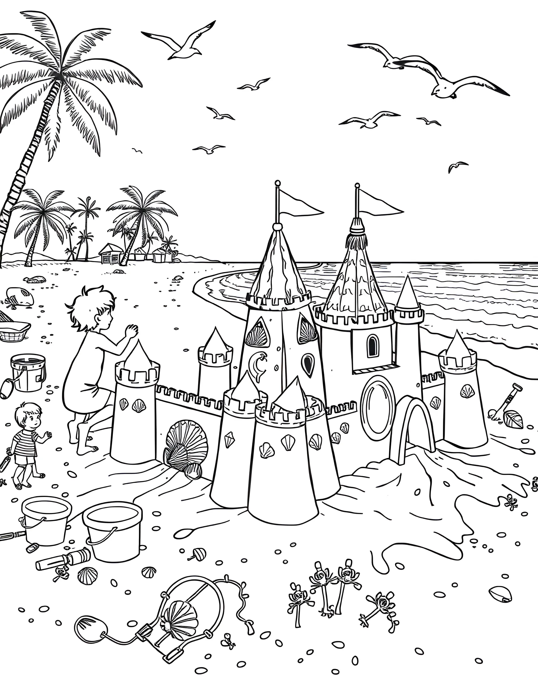 Sandcastle Building Bonanza Coloring Page -- prompt: "Children building intricate sandcastles on a beach with buckets, shovels, and seashells." -- Get creative with this beach-day favorite activity. This coloring page shows children constructing elaborate sandcastles on the shore, complete with moats, towers, and seashell decorations. It's a celebration of imagination and summer beach fun.