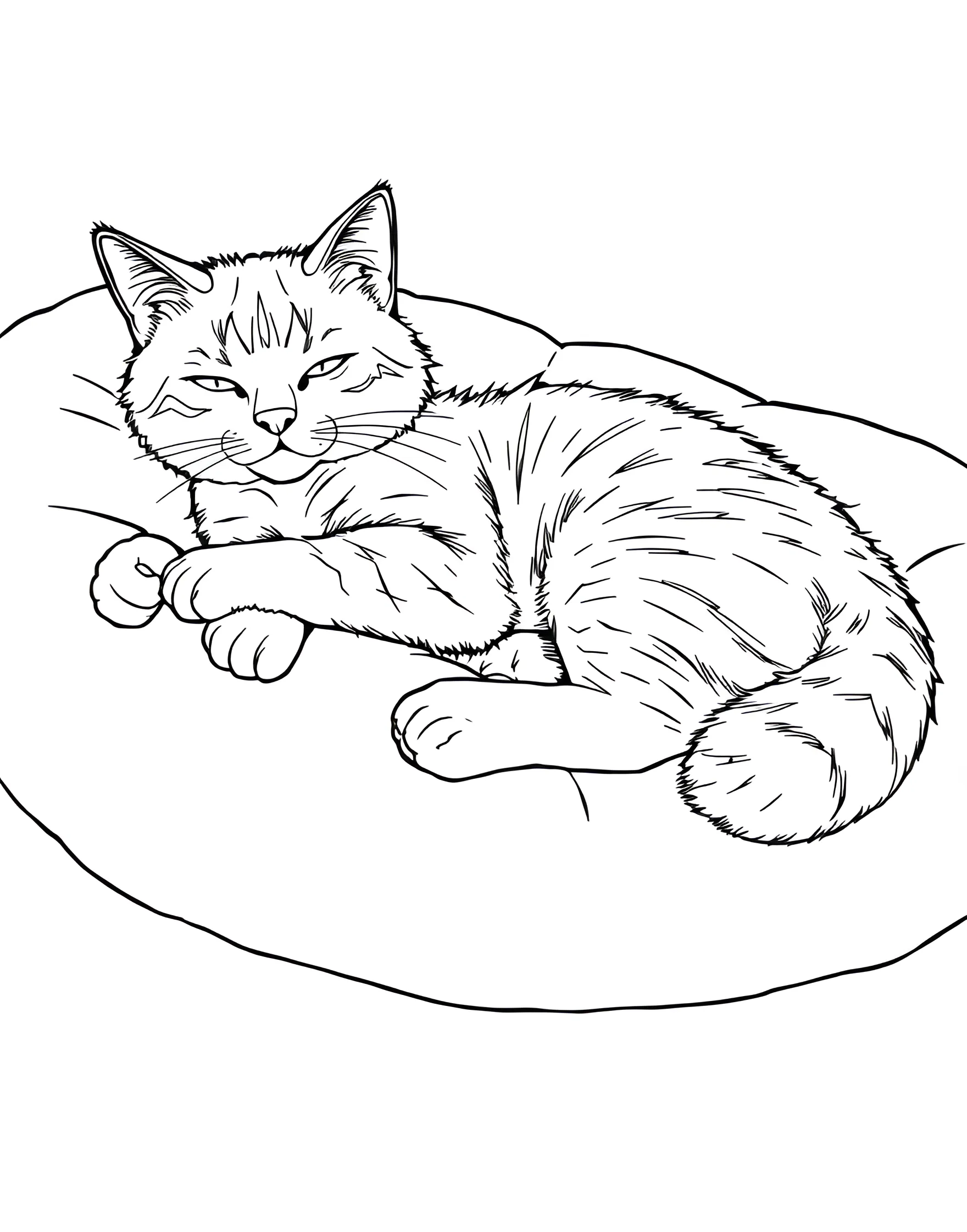 Cat Lounging on a Pillow Coloring Page -- prompt: "A cat lying comfortably on a large, soft pillow with its paws kneading." -- This cozy scene features a cat relaxing on a plush pillow. The cat's contented expression and kneading paws convey a sense of comfort and happiness. It's an ideal page for creating a warm, inviting atmosphere through color choices.