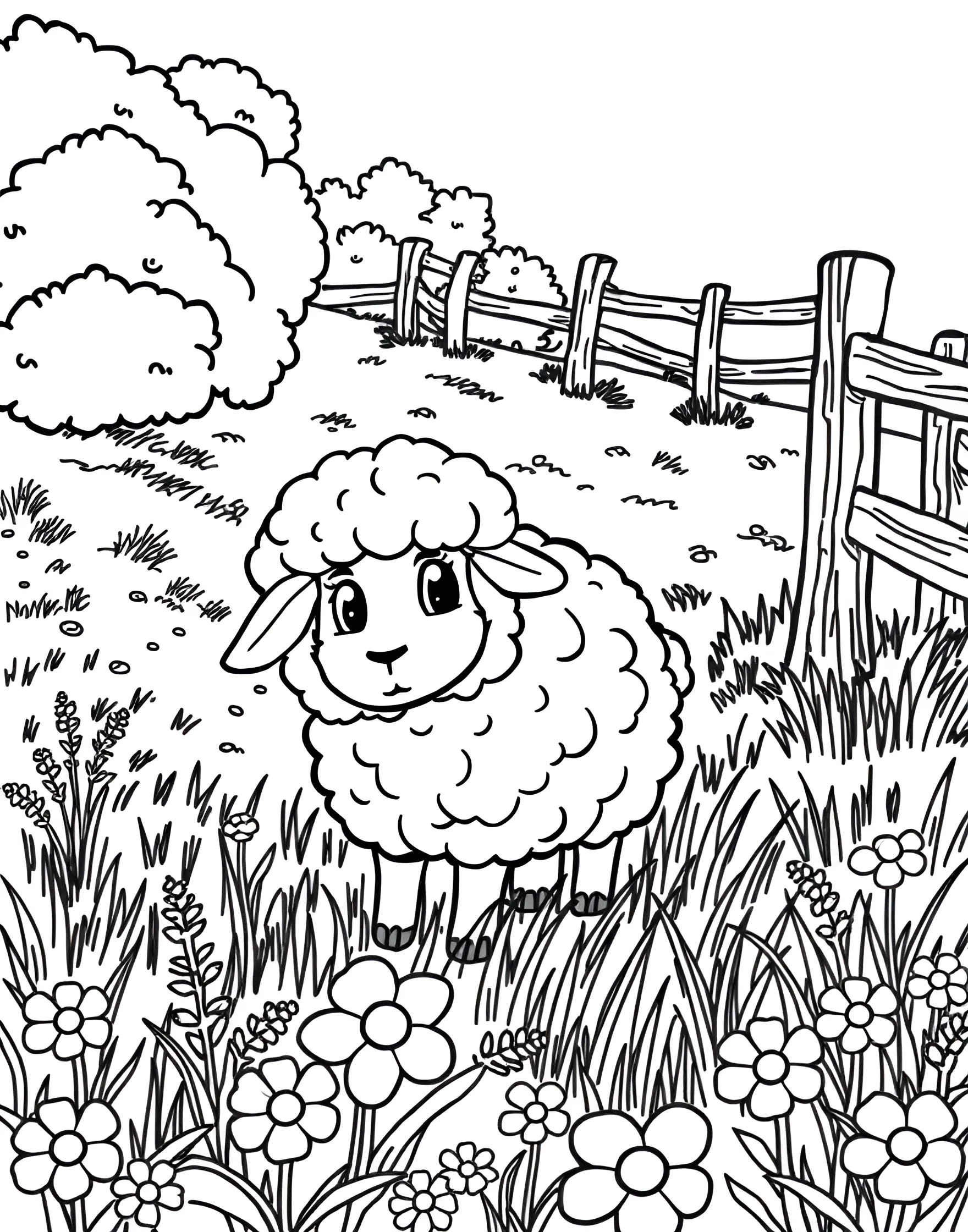 Friendly Sheep Grazing in a Meadow Coloring Page -- prompt: "A cartoon sheep with a thick, curly coat grazing in a grassy meadow with wildflowers and a wooden fence." -- This peaceful coloring page showcases a fluffy sheep contentedly grazing in a lush meadow. The sheep's woolly coat and gentle face are charmingly portrayed. This page is ideal for creating a serene countryside scene with soft, natural colors.