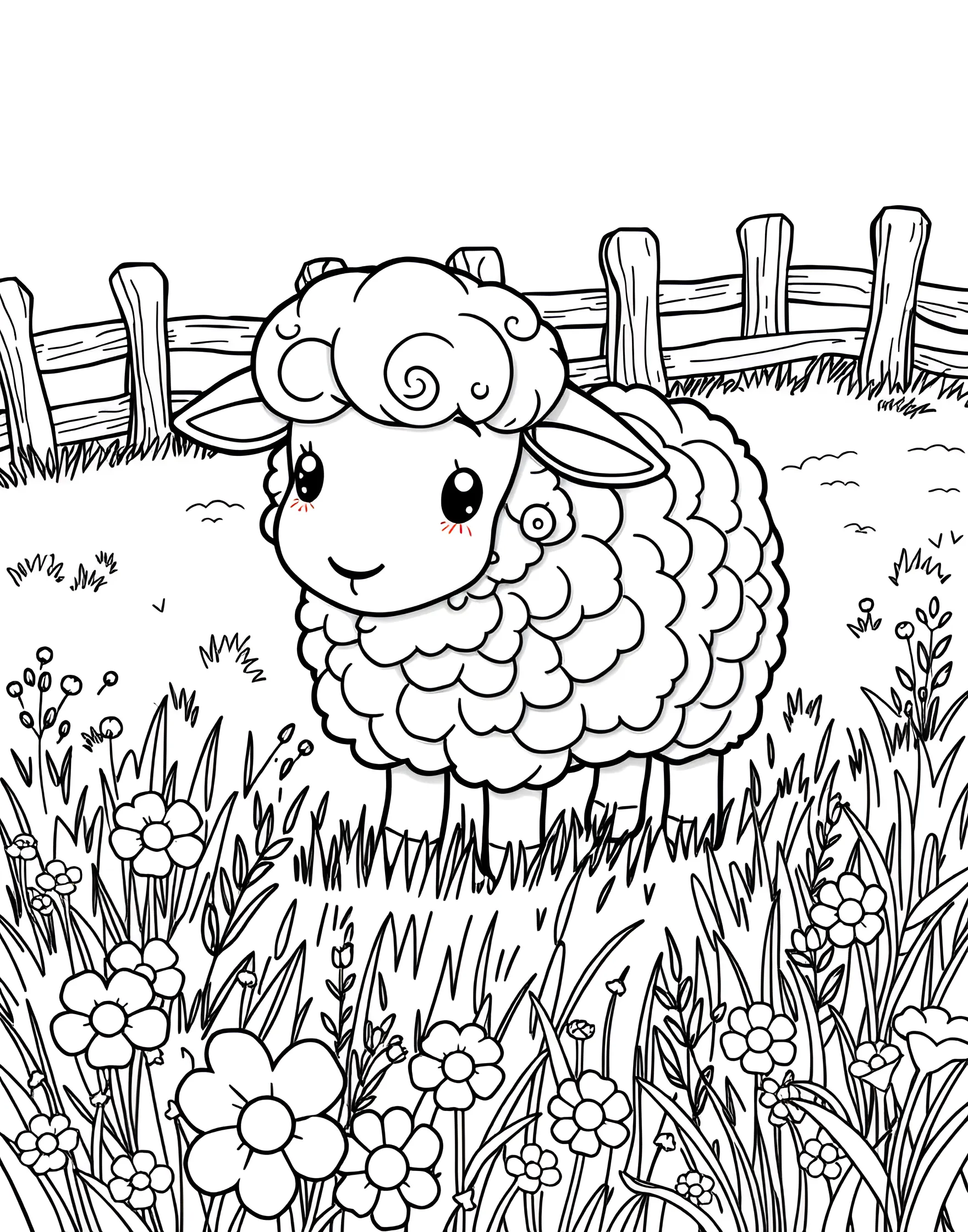 Friendly Sheep Grazing in a Meadow Coloring Page -- prompt: "A cartoon sheep with a thick, curly coat grazing in a grassy meadow with wildflowers and a wooden fence." -- This peaceful coloring page showcases a fluffy sheep contentedly grazing in a lush meadow. The sheep's woolly coat and gentle face are charmingly portrayed. This page is ideal for creating a serene countryside scene with soft, natural colors.