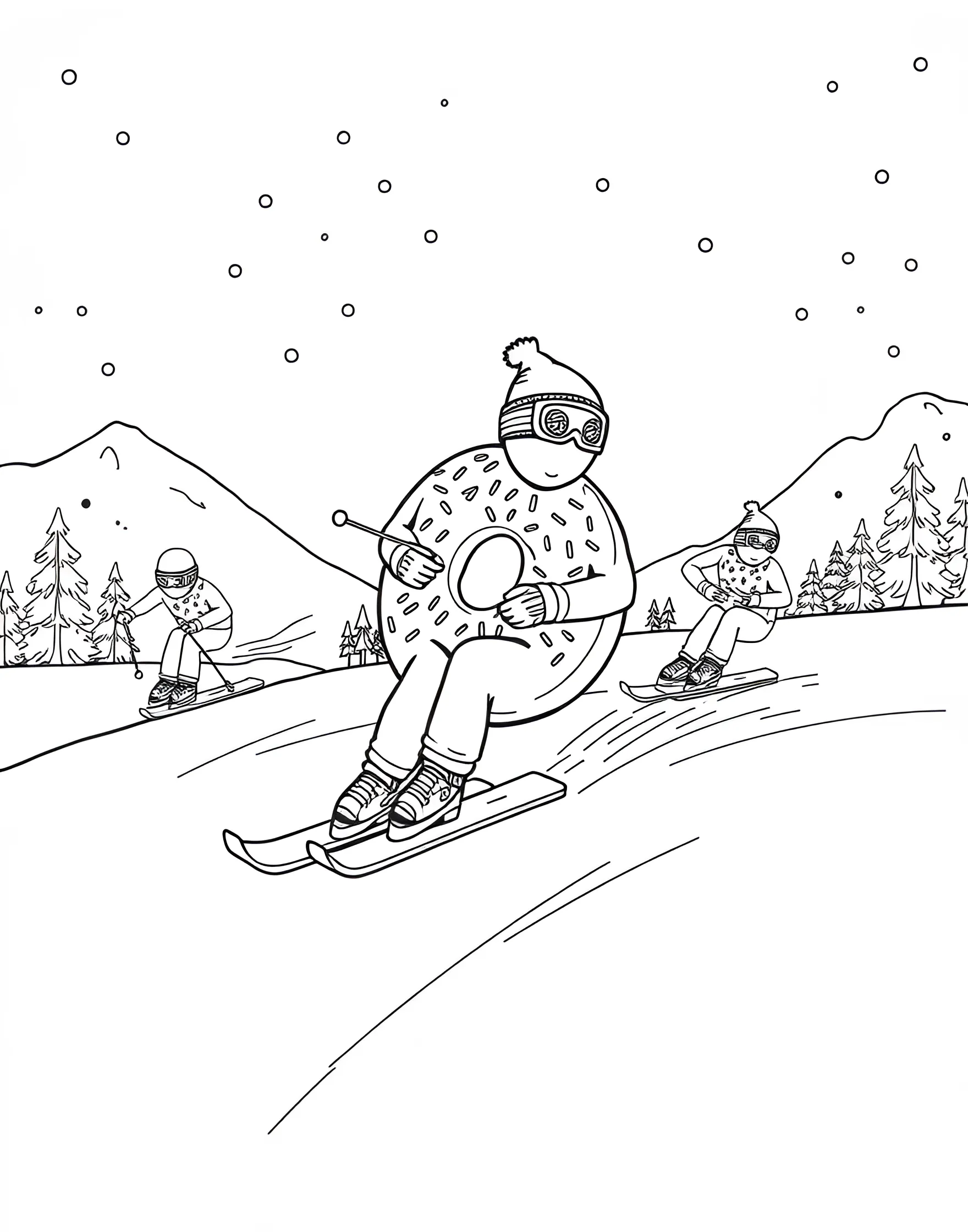 Donut Winter Olympics Coloring Page -- prompt: "Donut athletes competing in various Winter Olympic sports on snowy landscapes." -- Hit the slopes with this donut Winter Olympics coloring page. Athletic donuts participate in various winter sports like skiing, ice skating, and bobsledding. It's a cool page that brings together the excitement of winter sports and the charm of donuts.