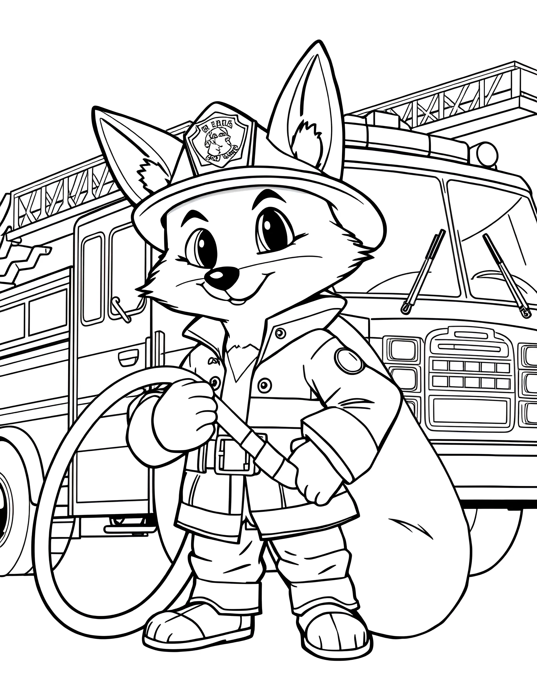 Fox Firefighter to the Rescue Coloring Page -- prompt: "A fox in firefighter uniform holding a fire hose, with a fire truck in the background." -- Honor everyday heroes with this brave coloring page of a fox firefighter. The fox is shown in full firefighter gear, holding a hose and ready for action. This page is excellent for those who admire first responders and enjoy working with bold, primary colors in their coloring.