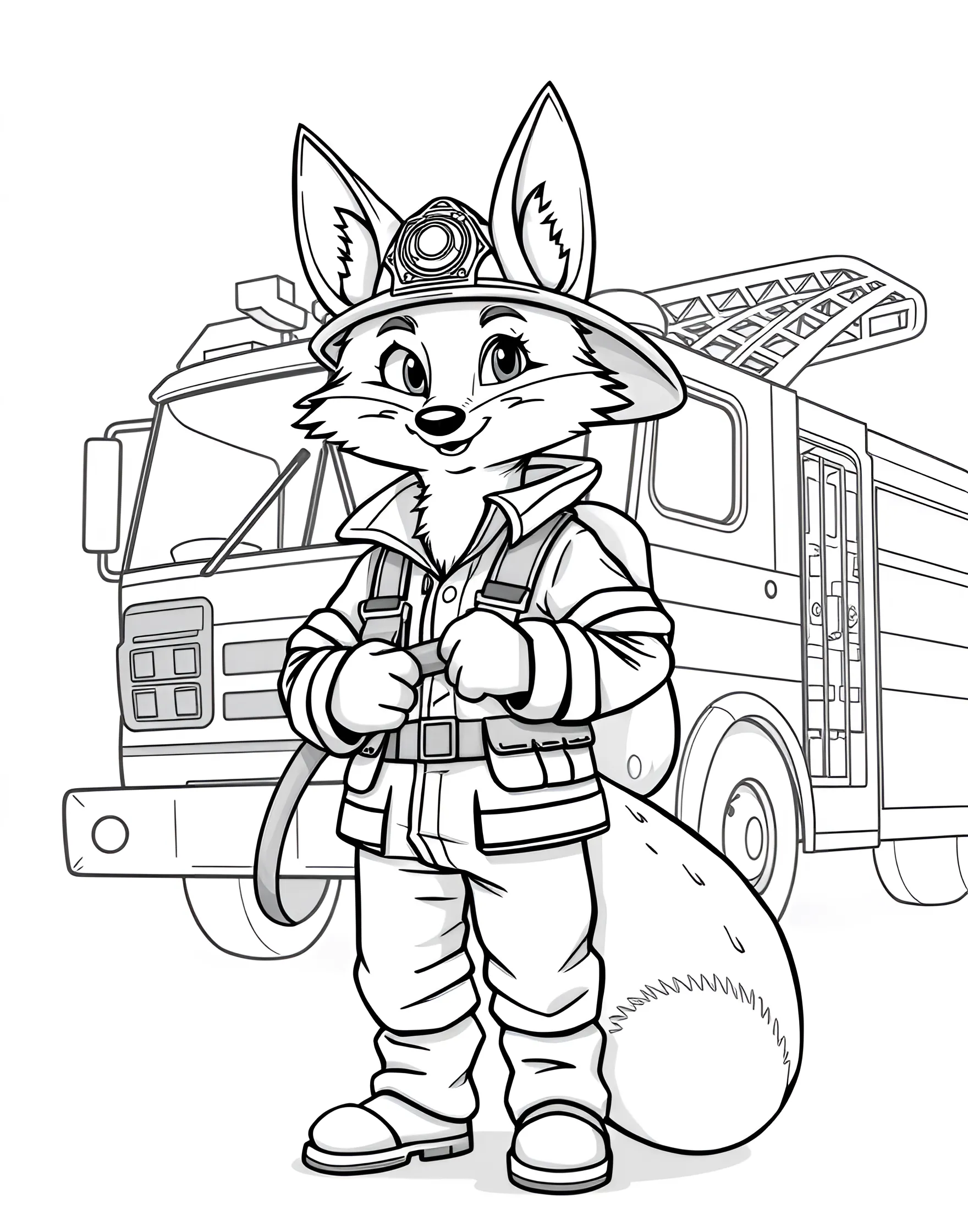 Fox Firefighter to the Rescue Coloring Page -- prompt: "A fox in firefighter uniform holding a fire hose, with a fire truck in the background." -- Honor everyday heroes with this brave coloring page of a fox firefighter. The fox is shown in full firefighter gear, holding a hose and ready for action. This page is excellent for those who admire first responders and enjoy working with bold, primary colors in their coloring.