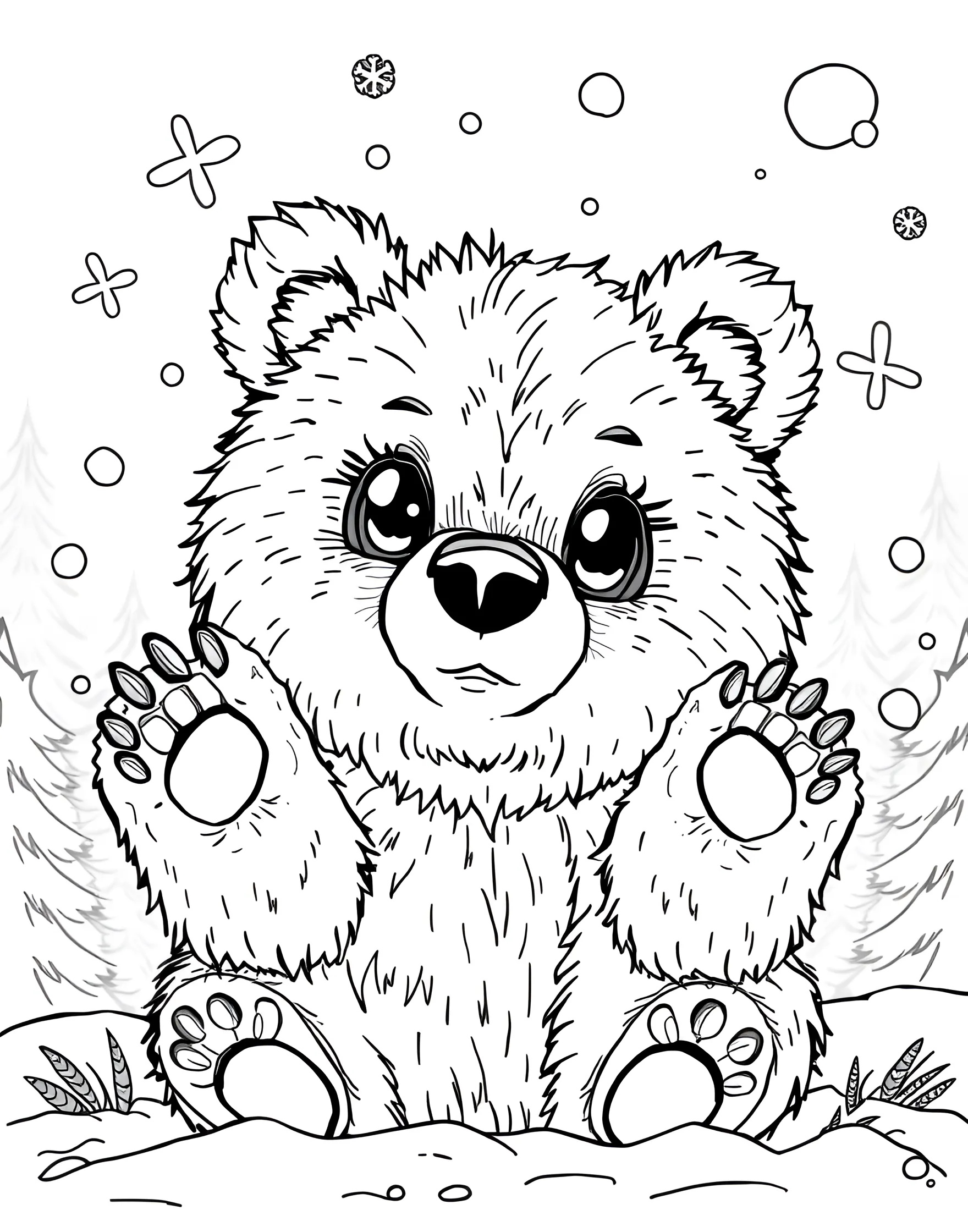 Bear Cub's First Snow Coloring Page -- prompt: "A bear cub playing in falling snow, looking up with wonder." -- Experience the wonder of a bear cub's first encounter with snow in this heartwarming coloring page. The young bear is shown playfully pawing at snowflakes, its face a picture of curiosity and joy. This adorable scene captures the innocence of youth and the magic of new experiences.