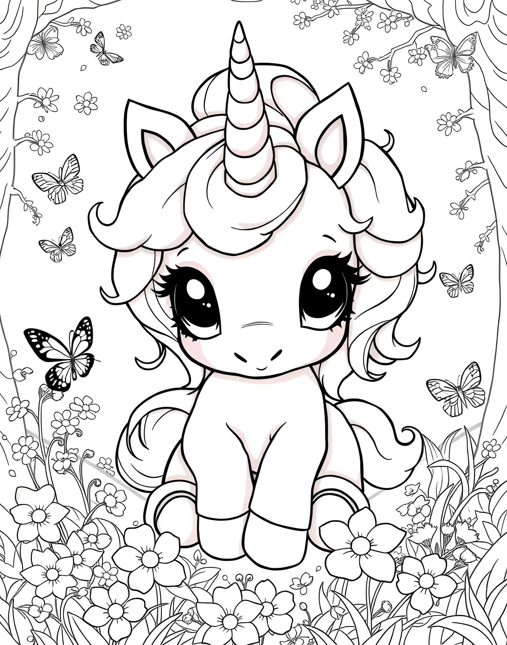 Baby Unicorn Coloring Page -- prompt: "A baby unicorn with big eyes and fluffy mane, taking its first steps." -- Prepare for an overload of cuteness with this baby unicorn coloring sheet. The adorable foal is shown taking its first steps, with a tiny horn and fluffy mane. This page is ideal for younger children or anyone who loves all things cute and cuddly.