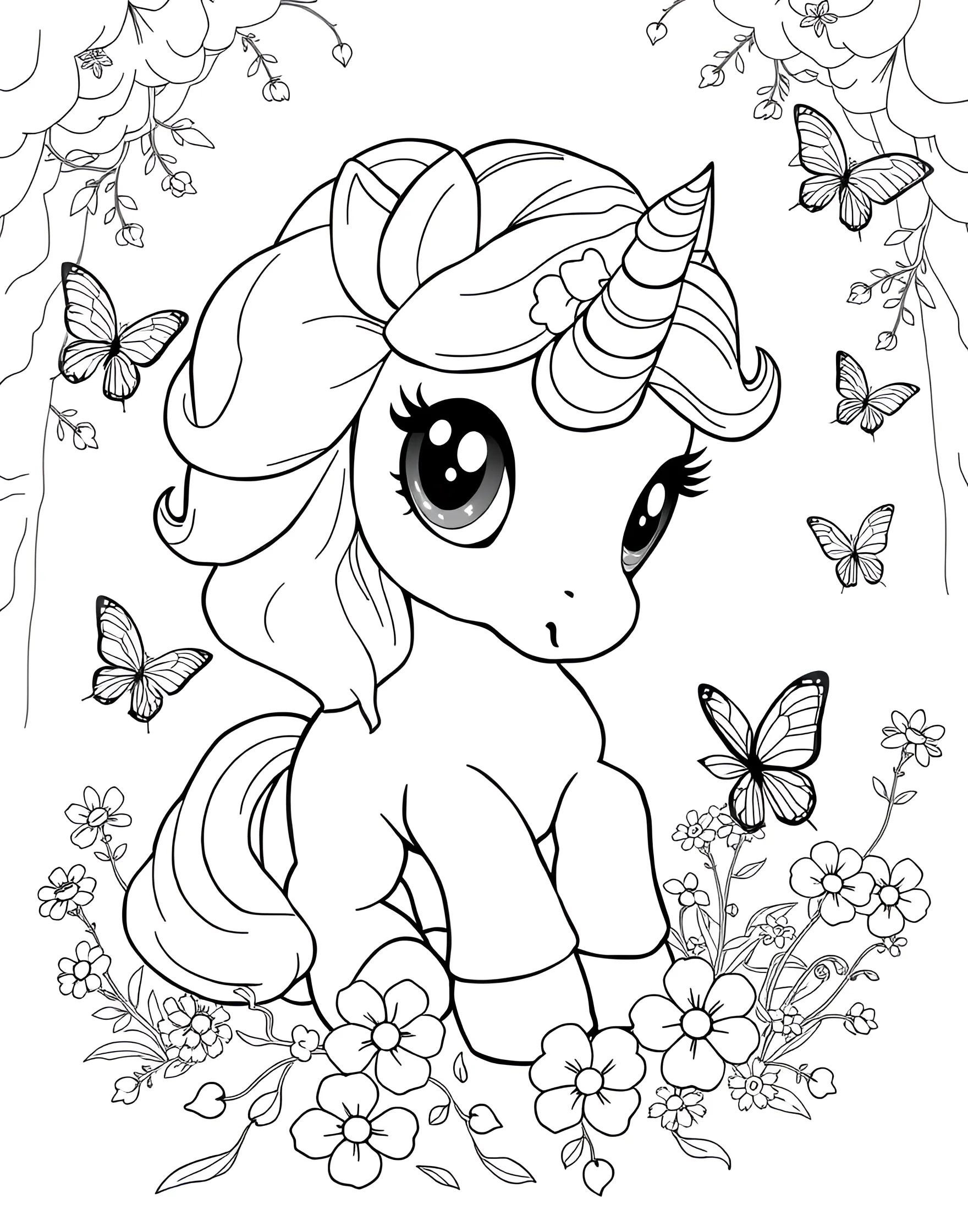 Baby Unicorn Coloring Page -- prompt: "A baby unicorn with big eyes and fluffy mane, taking its first steps." -- Prepare for an overload of cuteness with this baby unicorn coloring sheet. The adorable foal is shown taking its first steps, with a tiny horn and fluffy mane. This page is ideal for younger children or anyone who loves all things cute and cuddly.