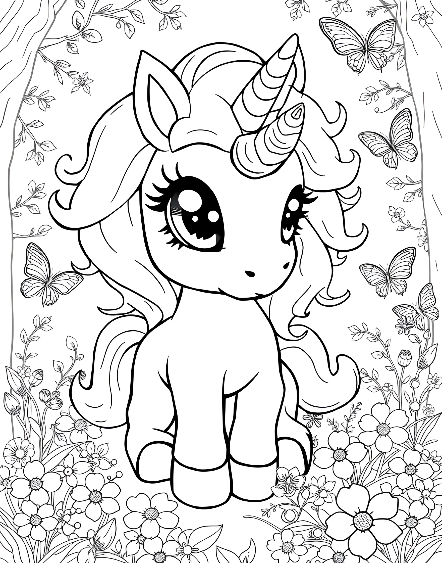 Baby Unicorn Coloring Page -- prompt: "A baby unicorn with big eyes and fluffy mane, taking its first steps." -- Prepare for an overload of cuteness with this baby unicorn coloring sheet. The adorable foal is shown taking its first steps, with a tiny horn and fluffy mane. This page is ideal for younger children or anyone who loves all things cute and cuddly.