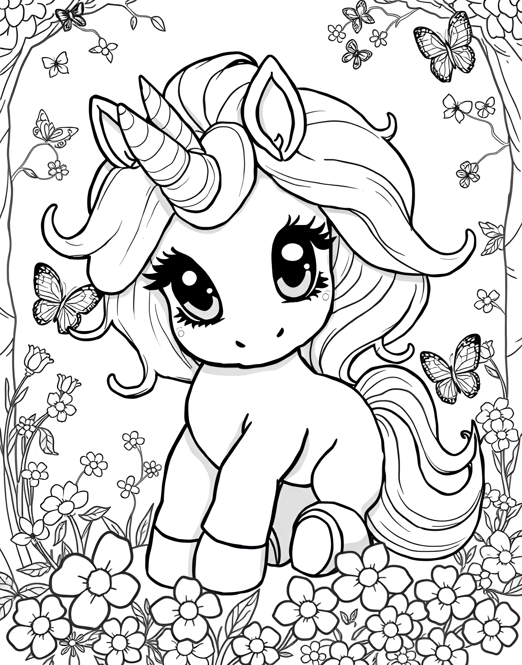 Baby Unicorn Coloring Page -- prompt: "A baby unicorn with big eyes and fluffy mane, taking its first steps." -- Prepare for an overload of cuteness with this baby unicorn coloring sheet. The adorable foal is shown taking its first steps, with a tiny horn and fluffy mane. This page is ideal for younger children or anyone who loves all things cute and cuddly.