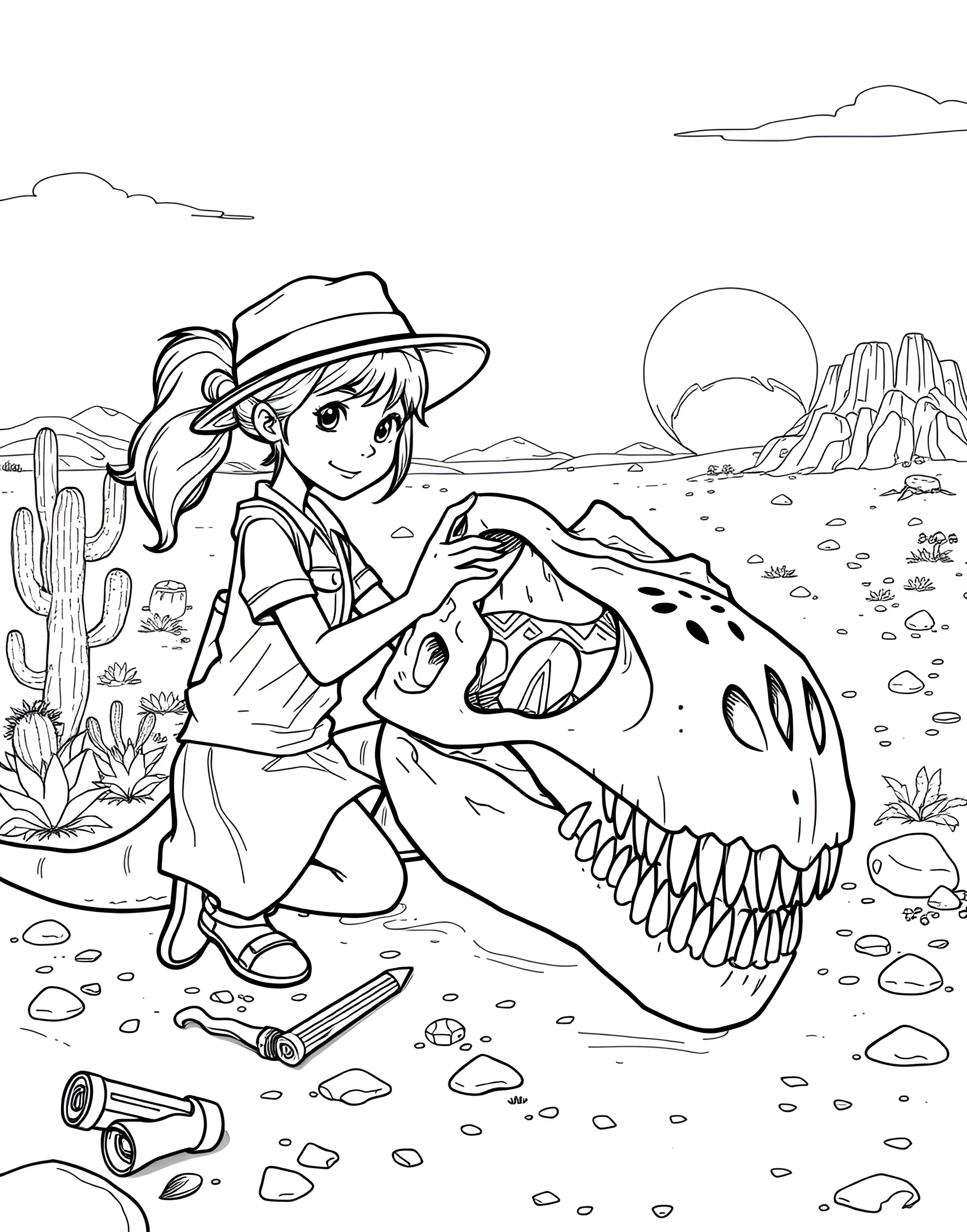 Girl Paleontologist Discovering Dinosaur Bones Coloring Page -- prompt: "A girl paleontologist uncovering dinosaur bones in a rocky, desert-like setting." -- Journey back in time with this coloring page of a girl paleontologist. She's carefully brushing dust off newly discovered dinosaur bones in a rocky landscape. This page is perfect for dinosaur enthusiasts and budding scientists.