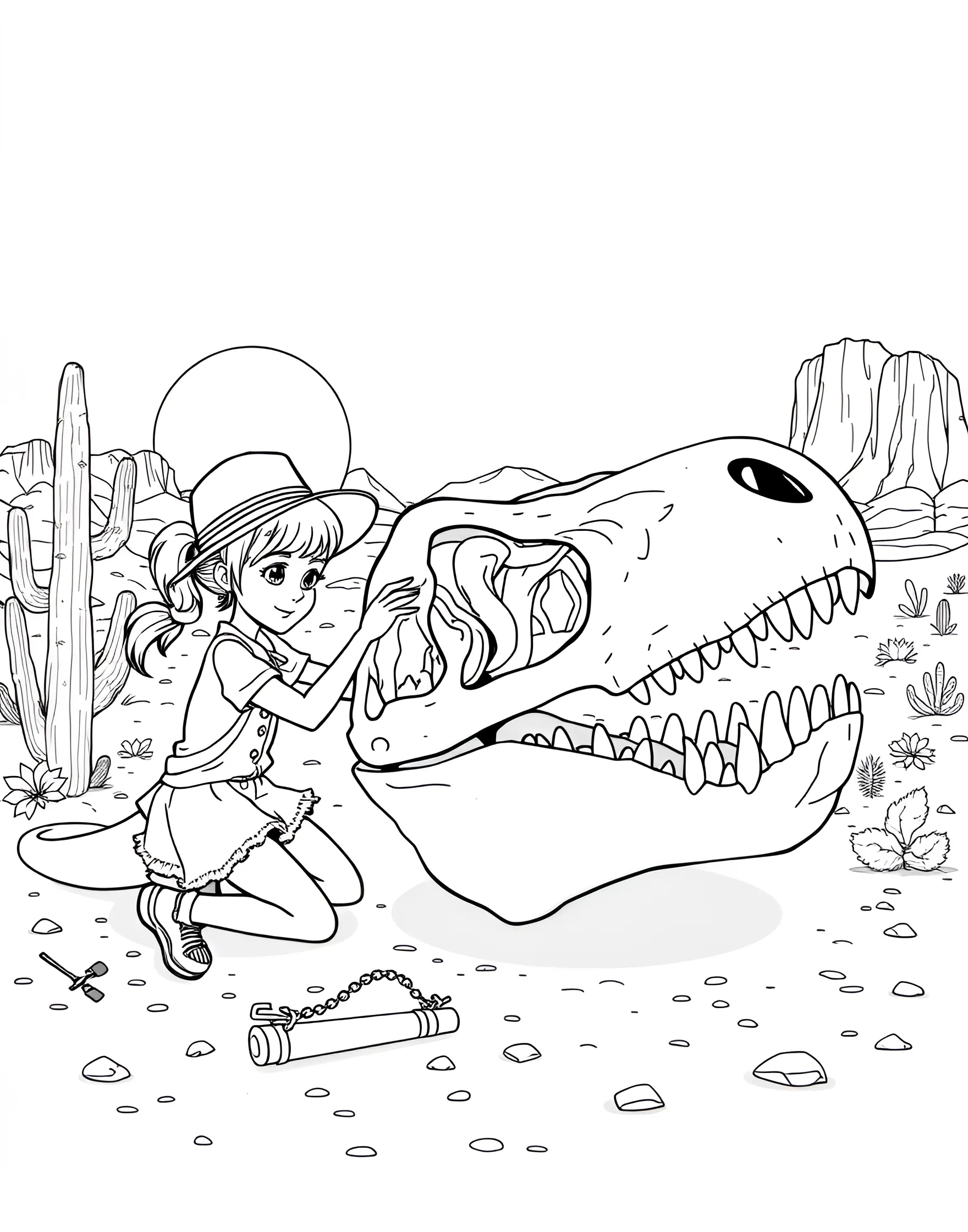 Girl Paleontologist Discovering Dinosaur Bones Coloring Page -- prompt: "A girl paleontologist uncovering dinosaur bones in a rocky, desert-like setting." -- Journey back in time with this coloring page of a girl paleontologist. She's carefully brushing dust off newly discovered dinosaur bones in a rocky landscape. This page is perfect for dinosaur enthusiasts and budding scientists.