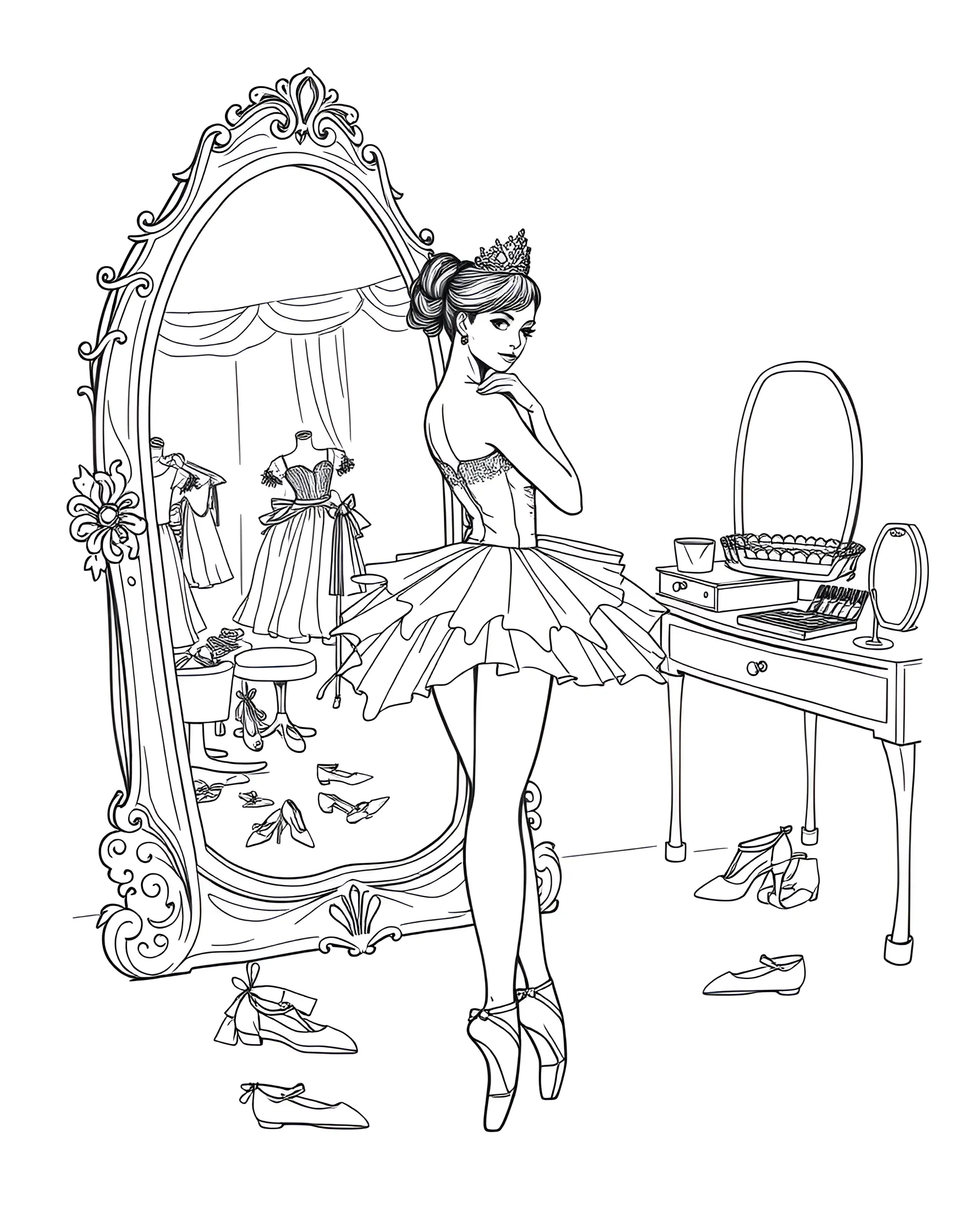 Ballerina's Dress Rehearsal Coloring Page -- prompt: "A ballerina adjusting her tutu and tiara in front of a large mirror, surrounded by backstage clutter." -- This coloring page captures the intense focus of a ballerina during dress rehearsal. Her costume is rich with intricate details, from the layered tutu to the delicate tiara. The mirror in the background adds depth to the scene, perfect for experimenting with reflection effects in coloring.