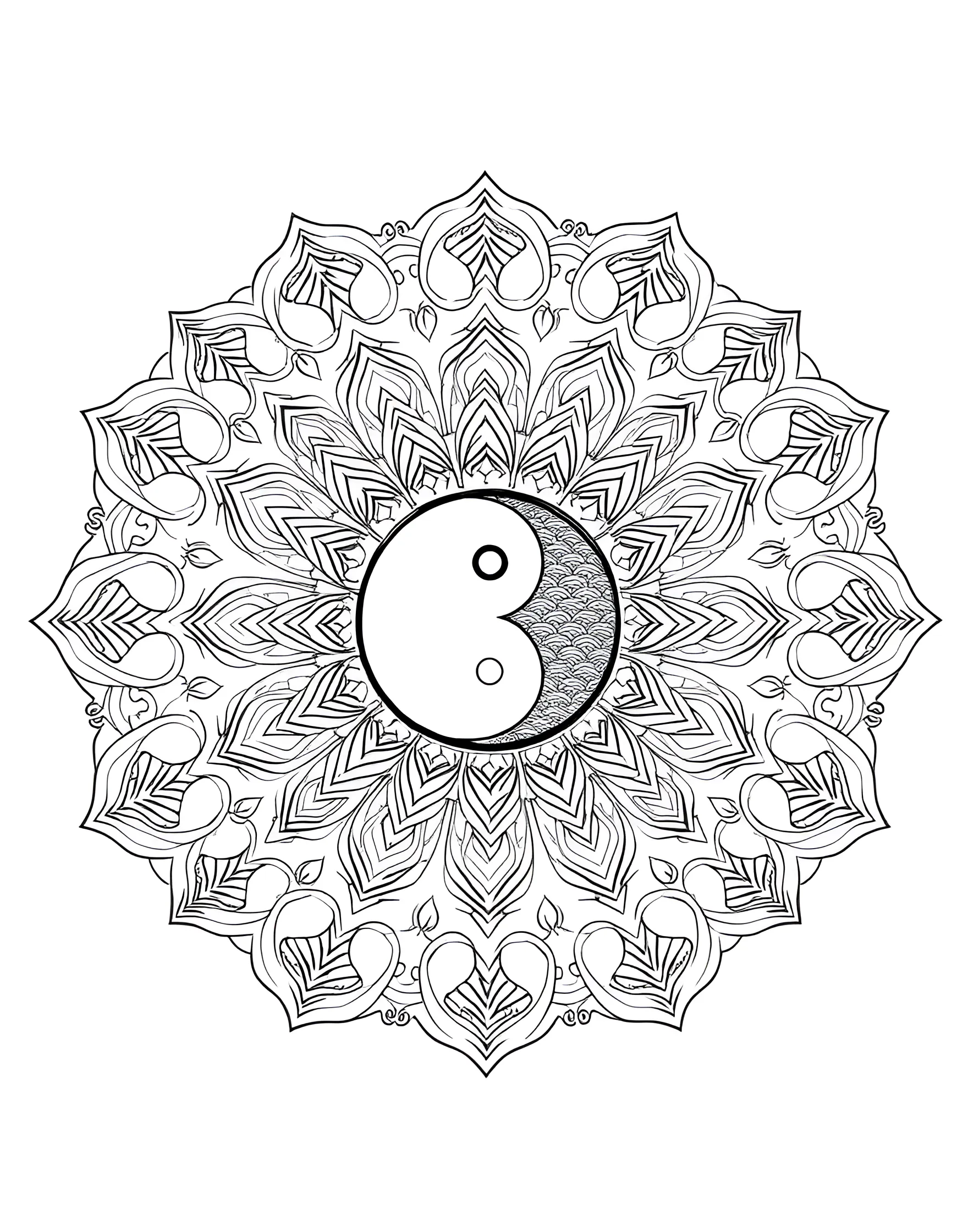 Yin Yang Harmony Mandala Coloring Page -- prompt: "A mandala centered around the yin yang symbol, with complementary patterns representing balance and harmony radiating outwards." -- Find balance and harmony with this yin yang-inspired mandala. The classic symbol forms the center, surrounded by complementary patterns that represent opposing yet interconnected forces. This page offers a meditative coloring experience.