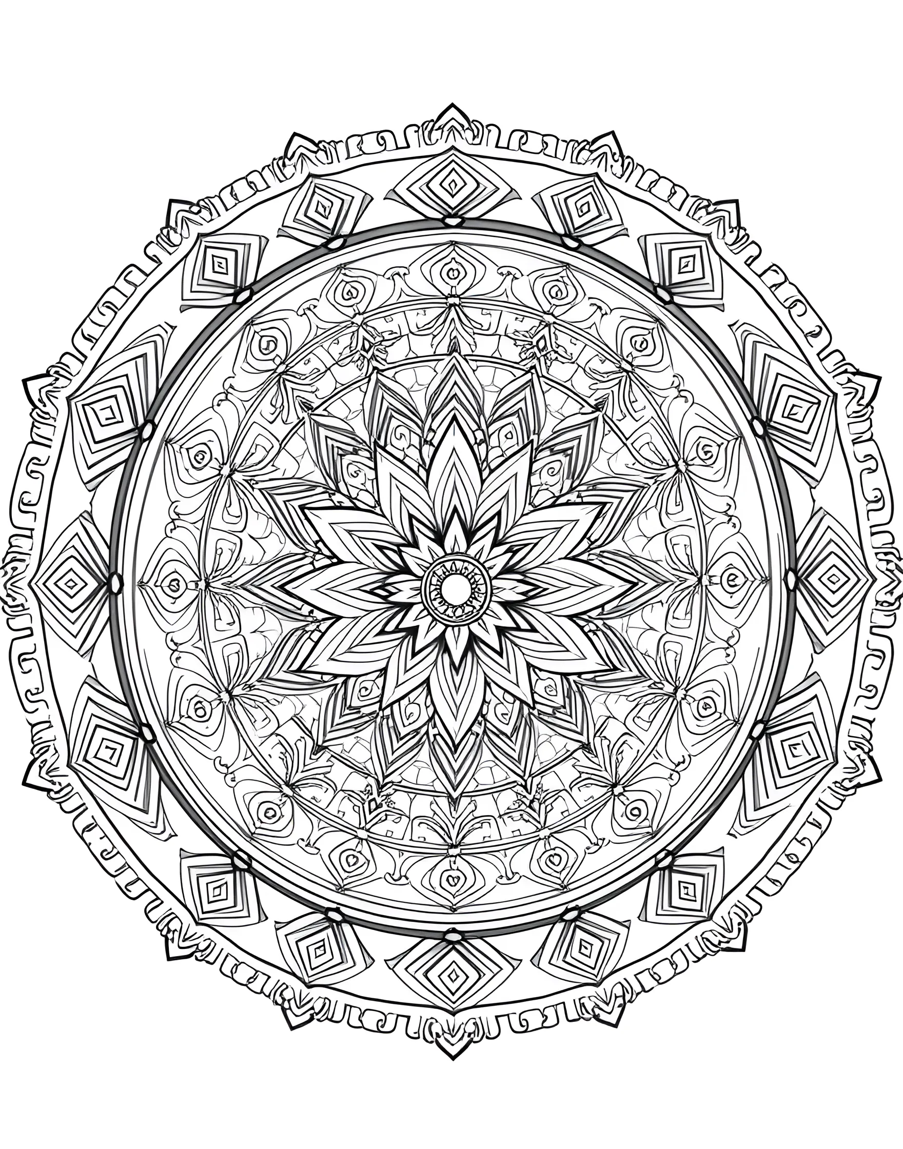 Sacred Spiral Mandala Coloring Page -- prompt: "A circular mandala based on a spiraling pattern, incorporating various symbolic elements as it expands outward from the center." -- Follow the path of the spiral in this hypnotic mandala design. From the center outwards, the spiral grows and evolves, incorporating various symbolic elements along the way. As you color, reflect on the journey of life and personal growth.