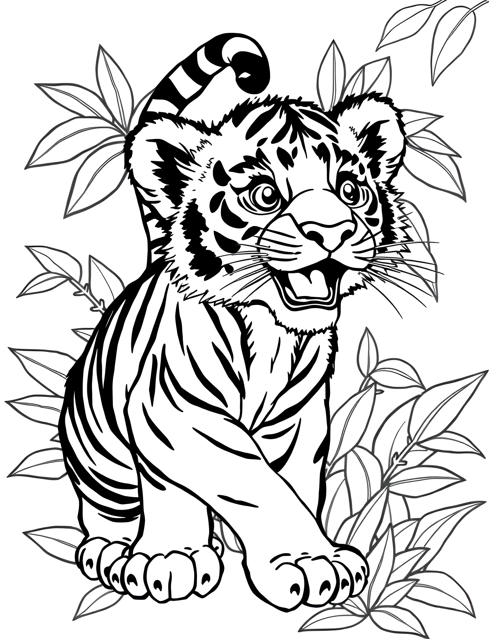 Playful Tiger Cub Coloring Page -- prompt: "A playful tiger cub in a pouncing position with its tail up." -- Adorable and full of energy, this tiger cub is ready to play! The cub is shown in a pouncing position, with its tail high in the air and a mischievous glint in its eye. This page is perfect for those who love cute and cuddly animals.