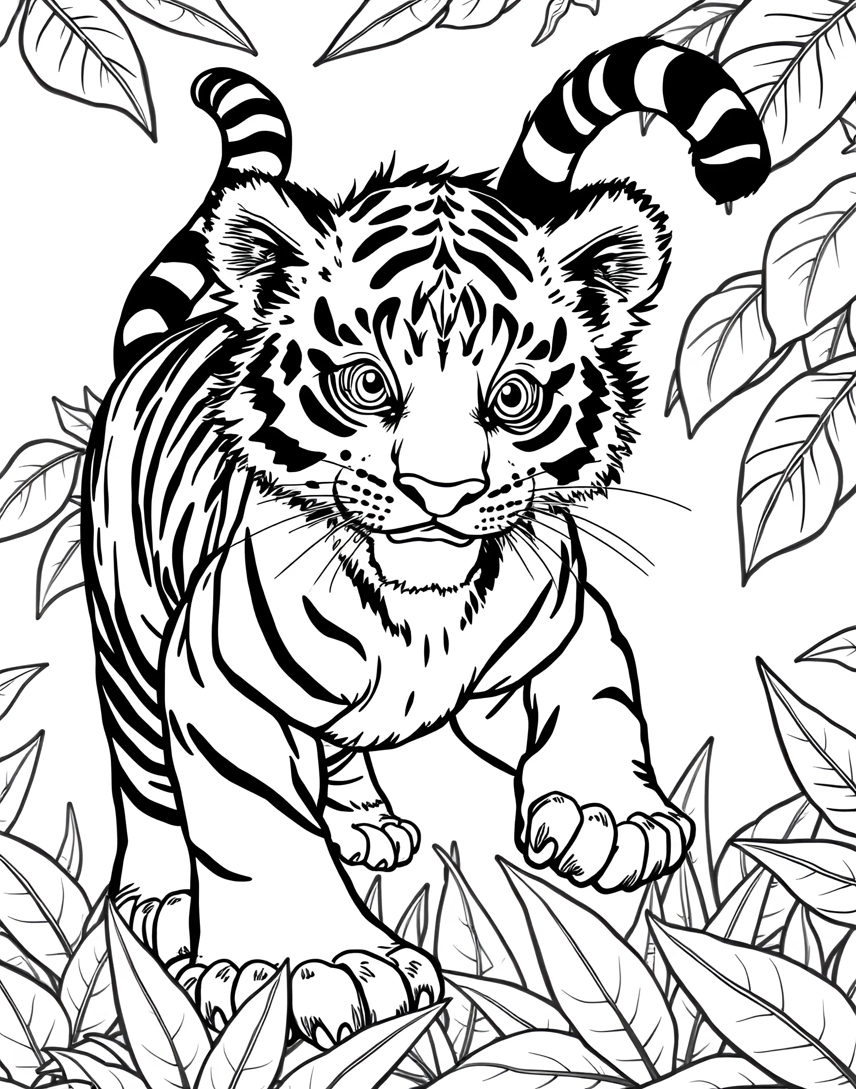 Playful Tiger Cub Coloring Page -- prompt: "A playful tiger cub in a pouncing position with its tail up." -- Adorable and full of energy, this tiger cub is ready to play! The cub is shown in a pouncing position, with its tail high in the air and a mischievous glint in its eye. This page is perfect for those who love cute and cuddly animals.