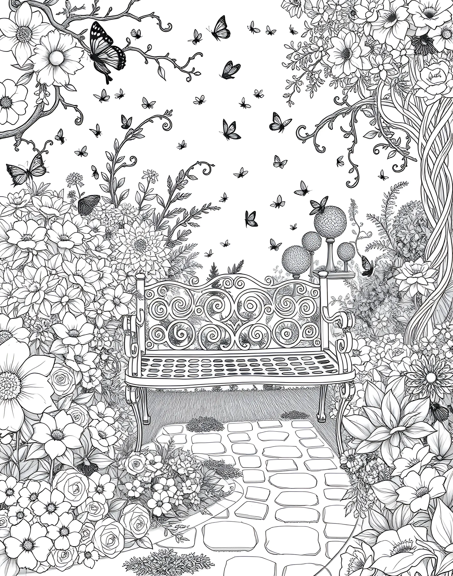 Blooming Summer Garden Coloring Page -- prompt: "A lush garden with a bench, blooming flowers, butterflies, and bees." -- Celebrate the beauty of summer flora with this enchanting garden scene. A variety of flowers in full bloom surround a quaint garden bench, while butterflies and bees flit from blossom to blossom. This page offers a peaceful retreat into nature's summer splendor.