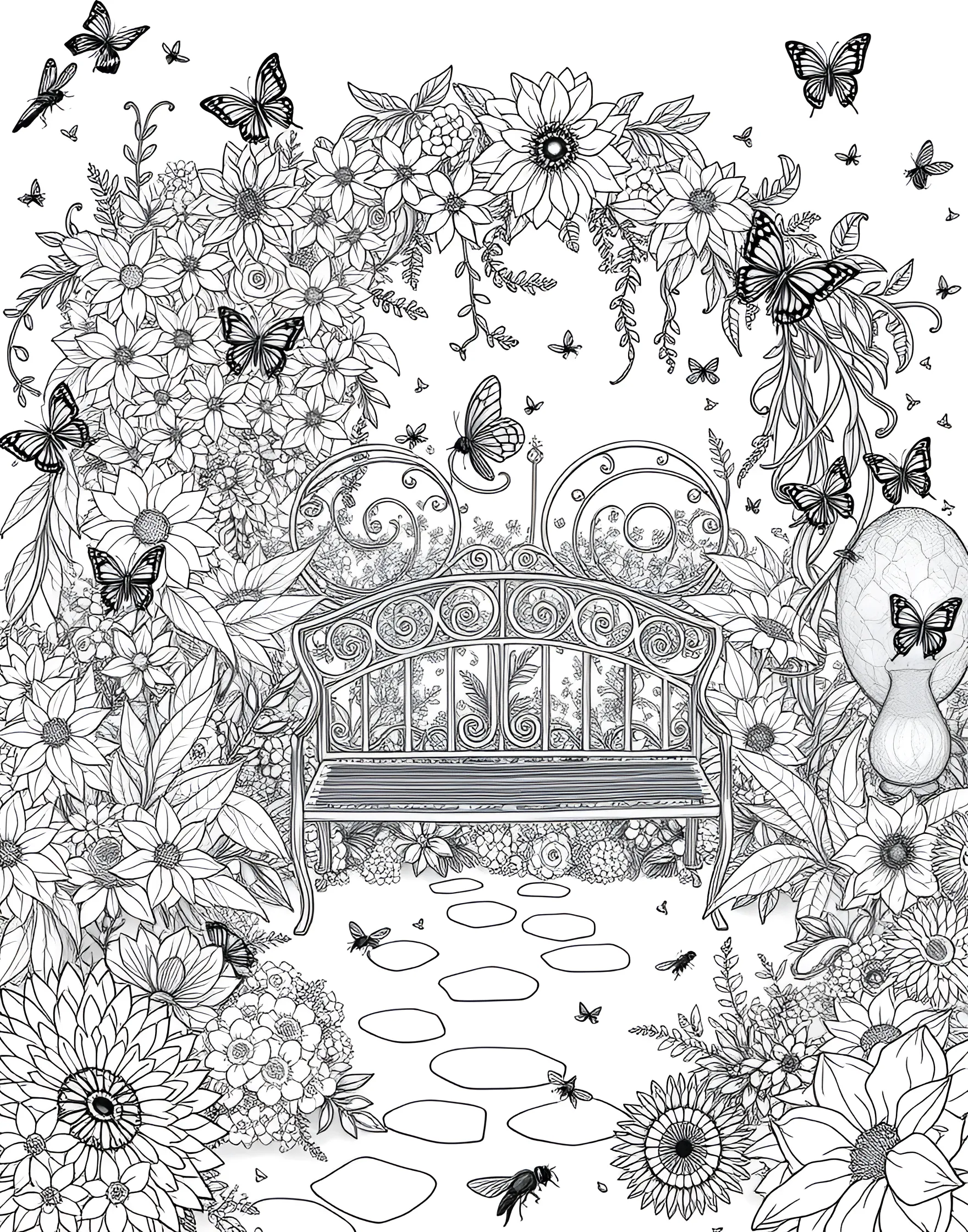 Blooming Summer Garden Coloring Page -- prompt: "A lush garden with a bench, blooming flowers, butterflies, and bees." -- Celebrate the beauty of summer flora with this enchanting garden scene. A variety of flowers in full bloom surround a quaint garden bench, while butterflies and bees flit from blossom to blossom. This page offers a peaceful retreat into nature's summer splendor.