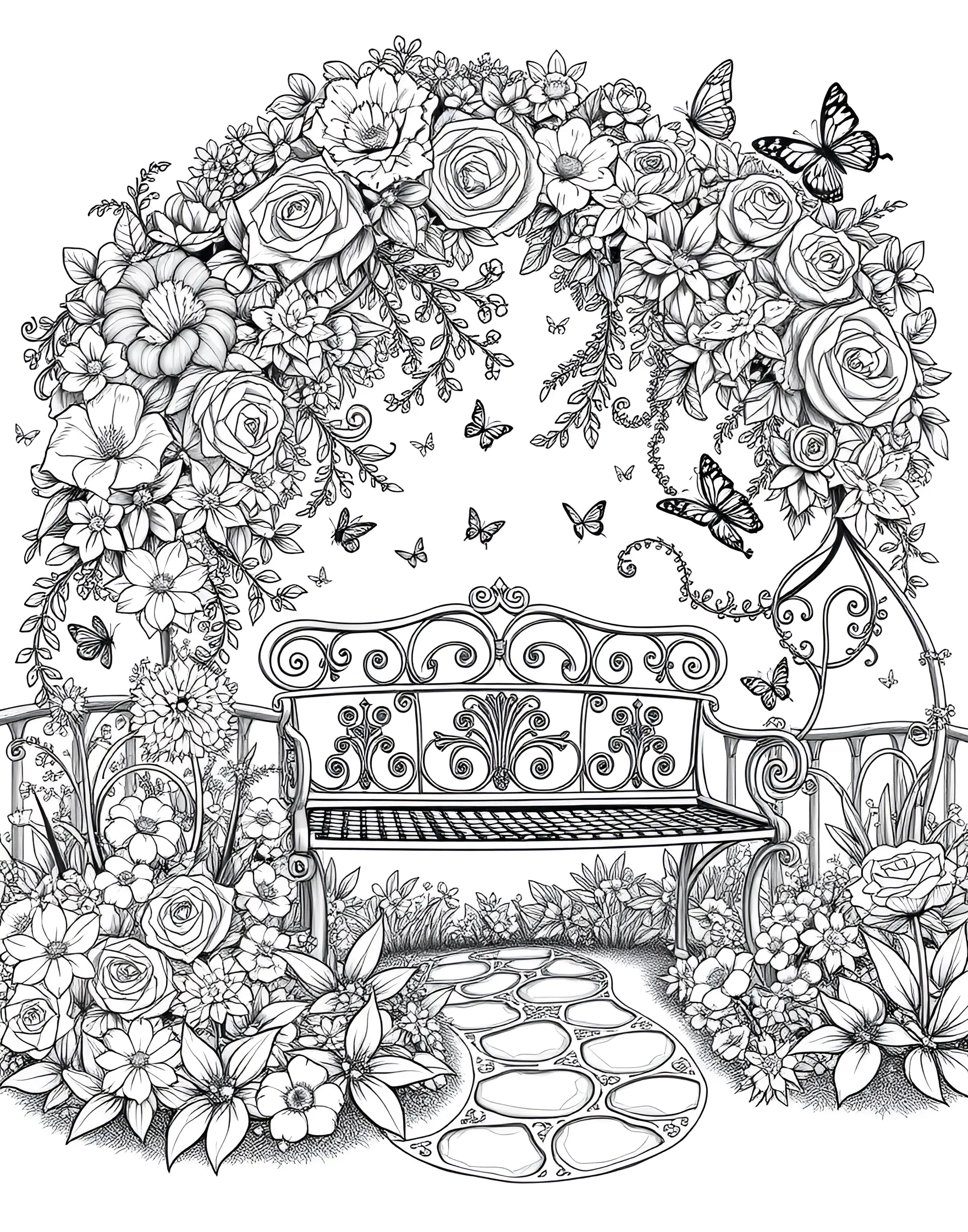 Blooming Summer Garden Coloring Page -- prompt: "A lush garden with a bench, blooming flowers, butterflies, and bees." -- Celebrate the beauty of summer flora with this enchanting garden scene. A variety of flowers in full bloom surround a quaint garden bench, while butterflies and bees flit from blossom to blossom. This page offers a peaceful retreat into nature's summer splendor.