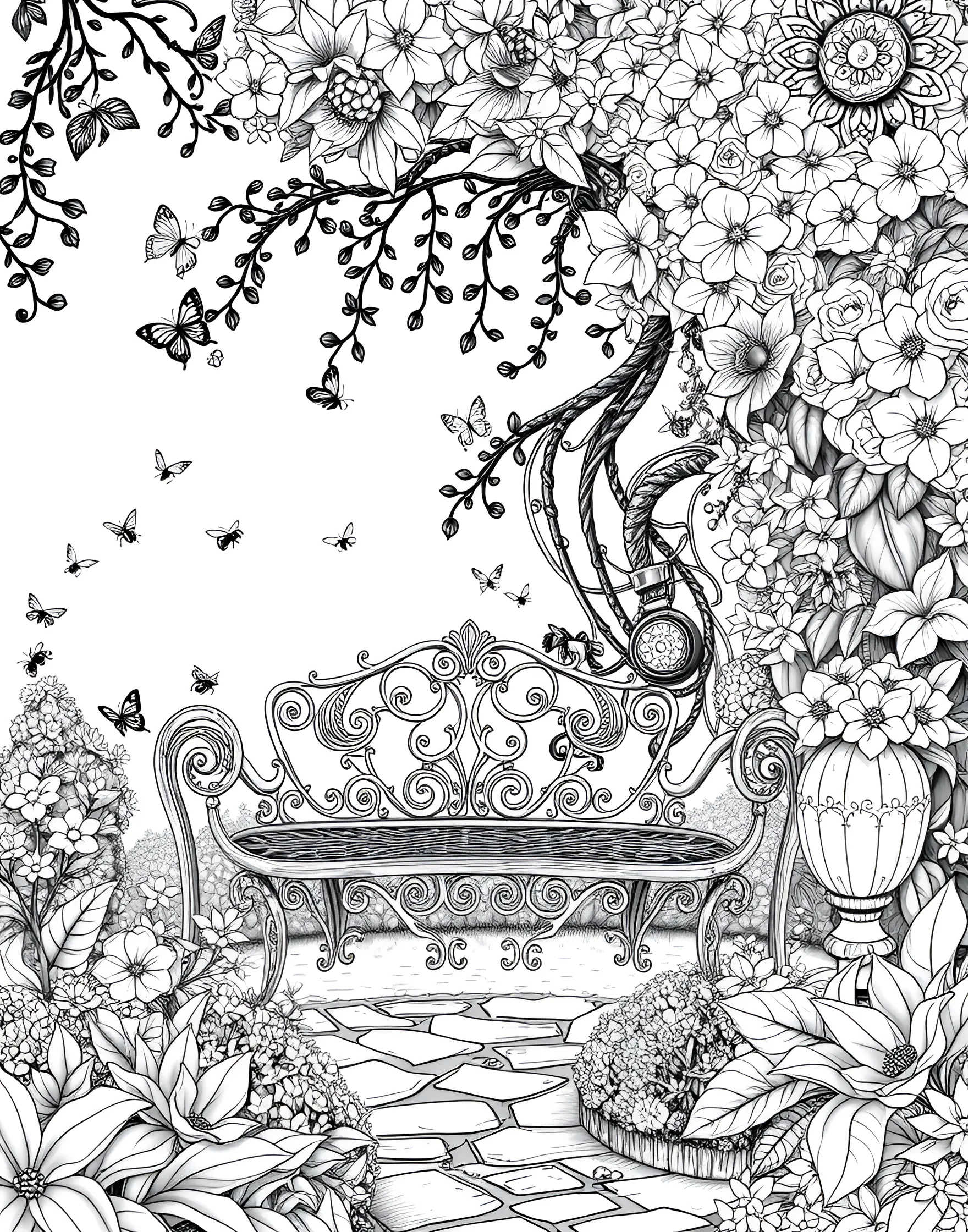 Blooming Summer Garden Coloring Page -- prompt: "A lush garden with a bench, blooming flowers, butterflies, and bees." -- Celebrate the beauty of summer flora with this enchanting garden scene. A variety of flowers in full bloom surround a quaint garden bench, while butterflies and bees flit from blossom to blossom. This page offers a peaceful retreat into nature's summer splendor.