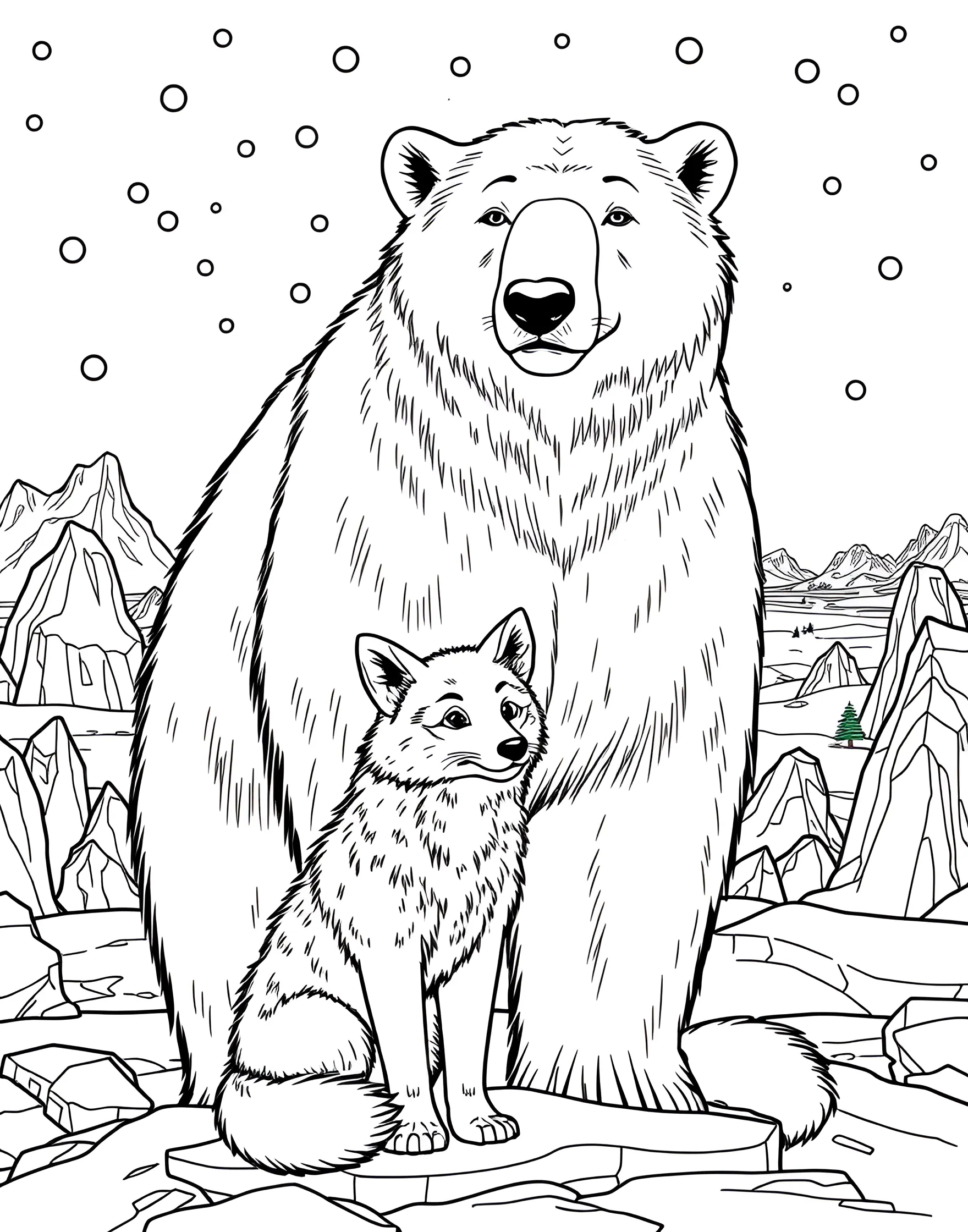 Polar Bear and Arctic Fox Coloring Page -- prompt: "A polar bear and an arctic fox standing together in a snowy Arctic landscape." -- Explore the Arctic ecosystem with this charming coloring page featuring a polar bear and an arctic fox. The two animals are shown in a snowy landscape, showcasing the unique wildlife of the far north. This page offers a great opportunity to discuss animal adaptations and Arctic habitats.