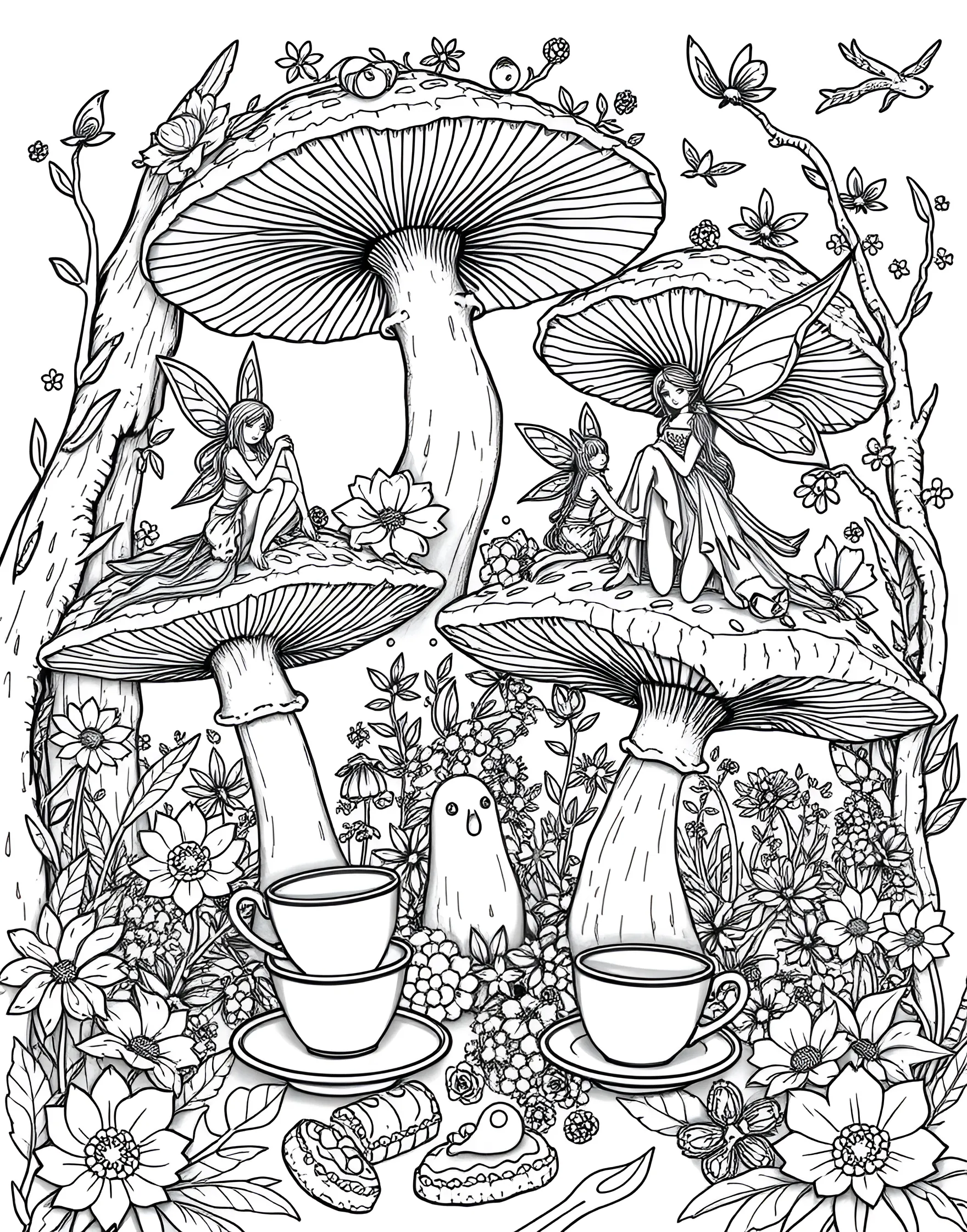 Mushroom Fairy Tea Party Coloring Page -- prompt: "Fairies having a tea party on top of and around large mushrooms in a forest glade." -- Join a magical tea party with this delightful mushroom fairy scene. Tiny fairies sit atop mushroom caps, enjoying tea and treats served on toadstool tables. This enchanting page allows colorists to bring a miniature fantasy world to life with their choice of colors.